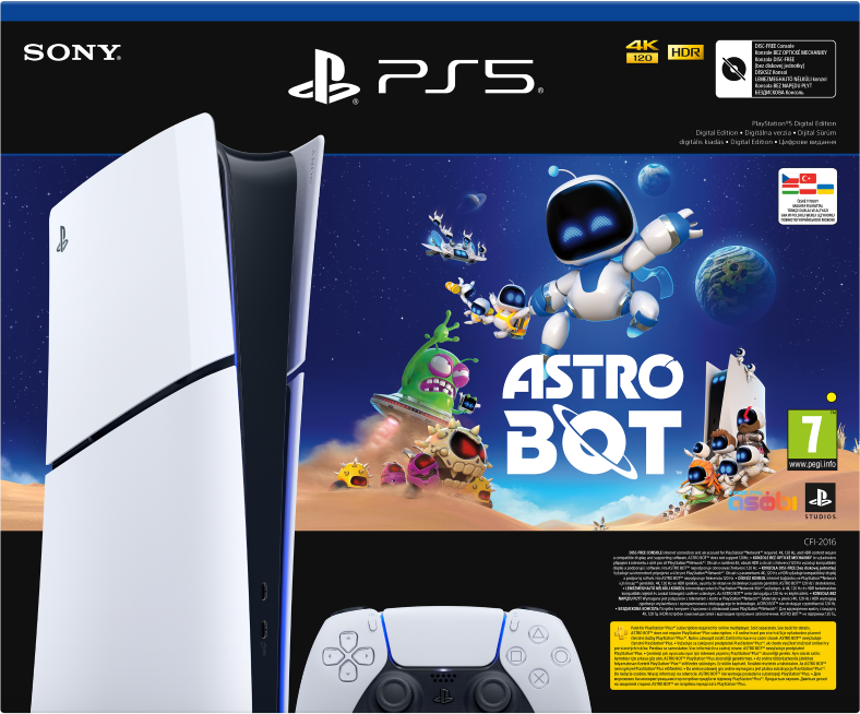Konsola PS5 i kontroler z pudełkiem gry Astro Bot, z postacią robota w kosmosie.