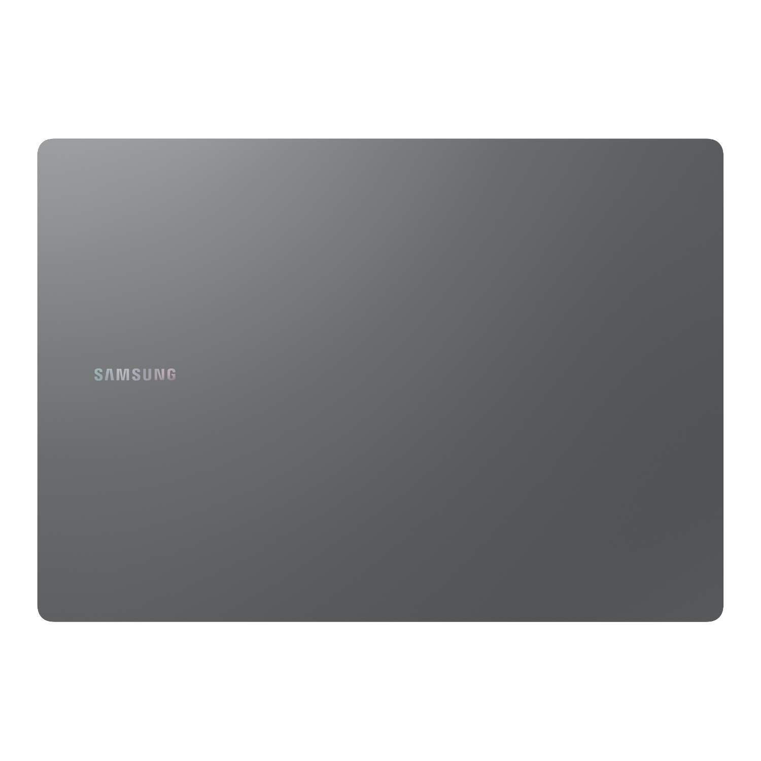 Un portátil gris oscuro con el logo de Samsung sobre fondo negro. Diseño simple y elegante.