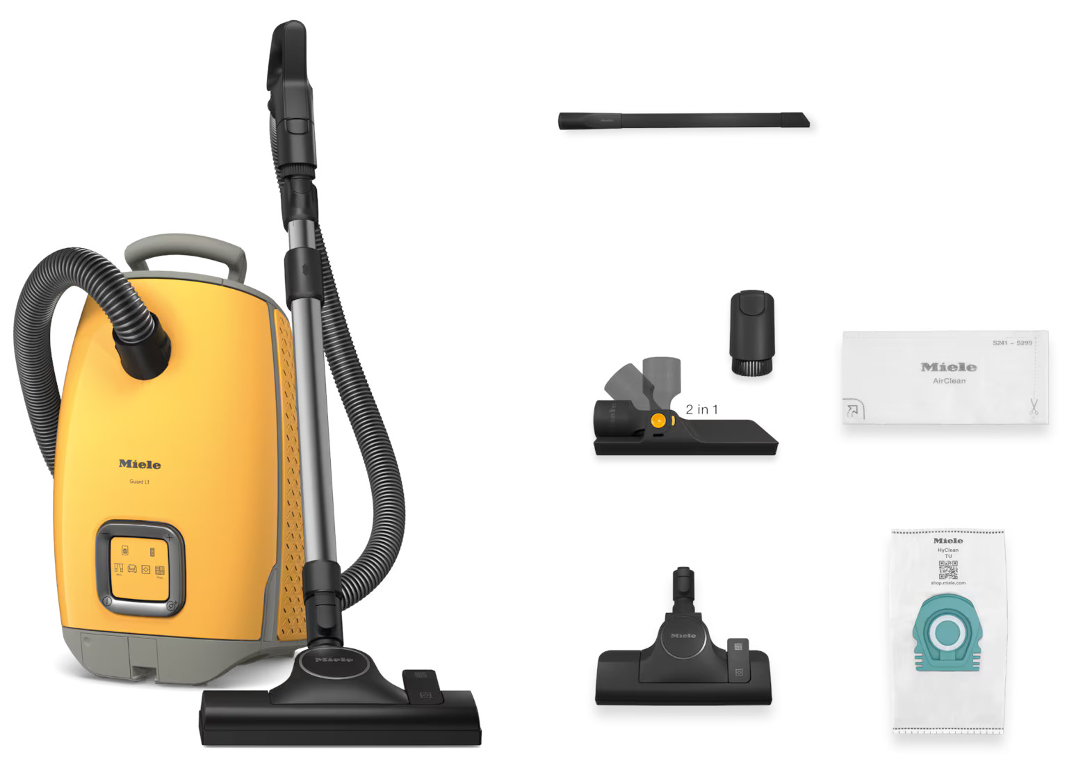 Żółty odkurzacz z osprzętem i akcesoriami na białym tle.