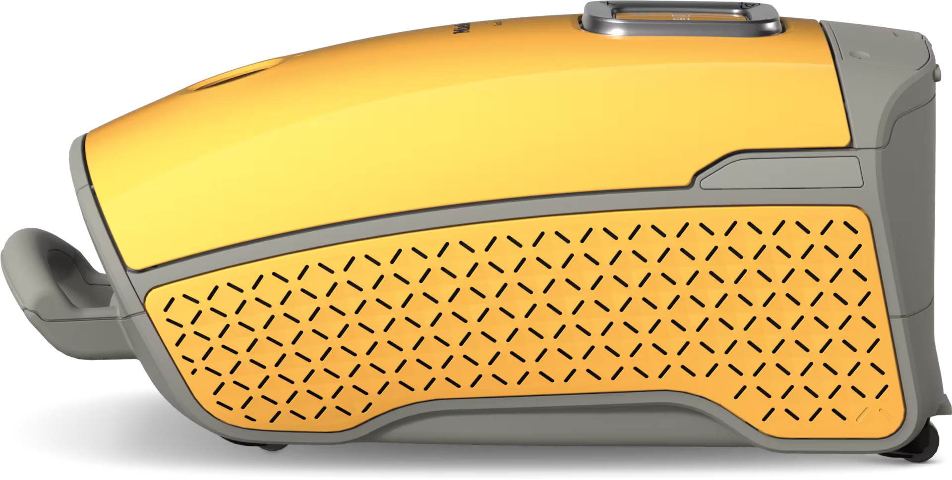 Żółto-szary odkurzacz. Widok z boku, korpus z kratkowym wzorem.