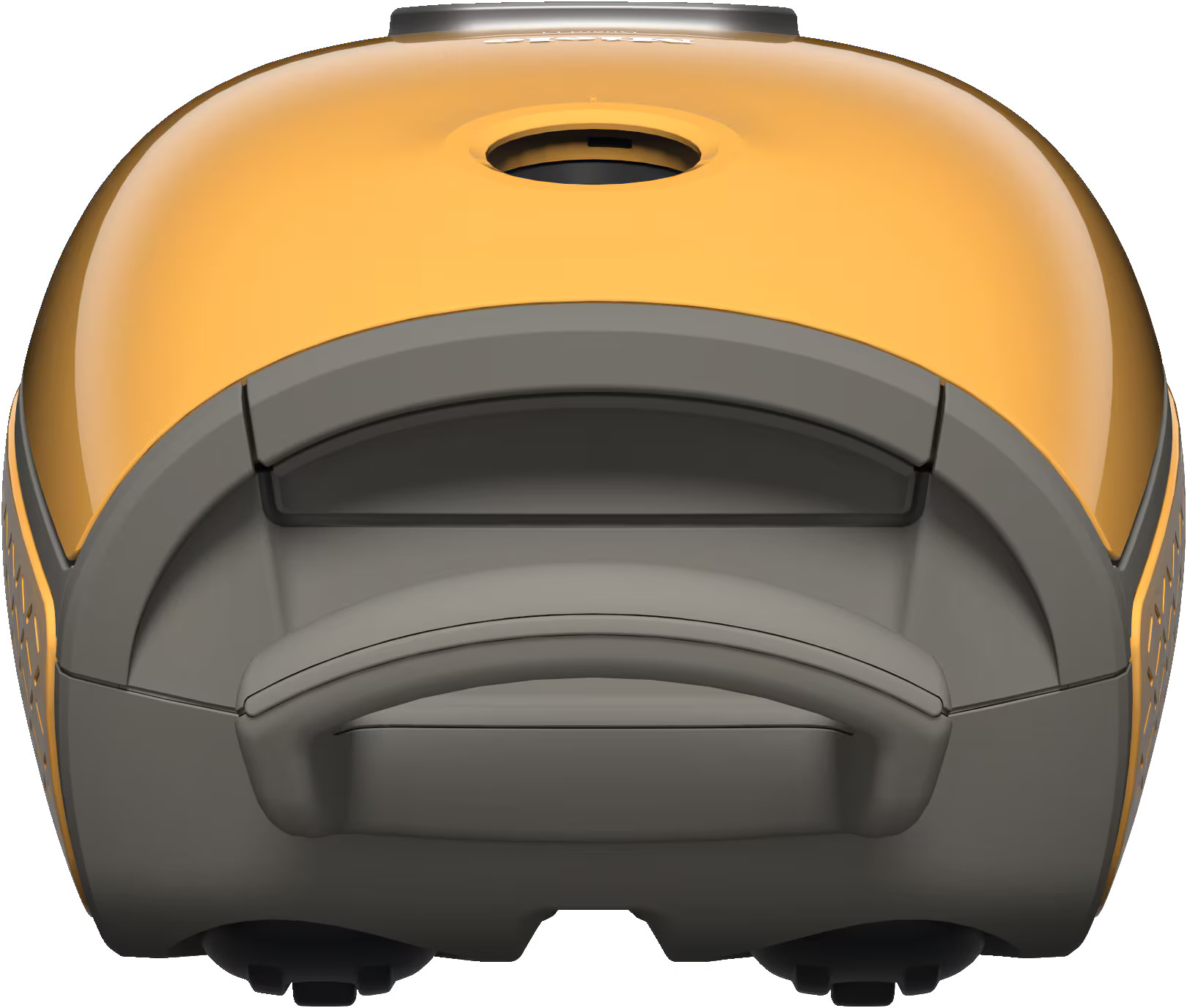 Żółto-szary odkurzacz, widok z góry, z uchwytem i otworem.