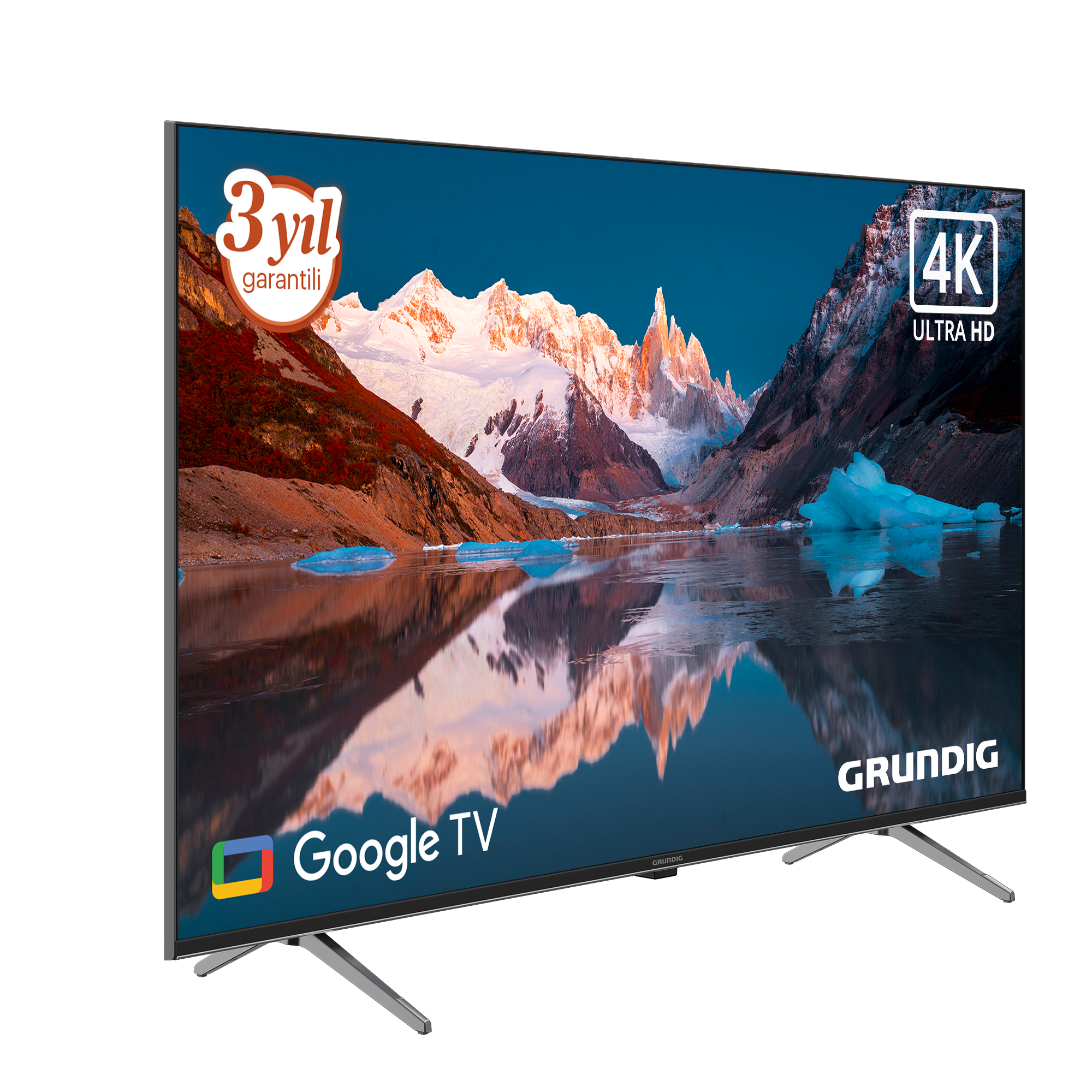 Karla kaplı bir dağ manzarası gösteren bir TV ekranı, '4K Ultra HD' ve 'Google TV' etiketleriyle.
