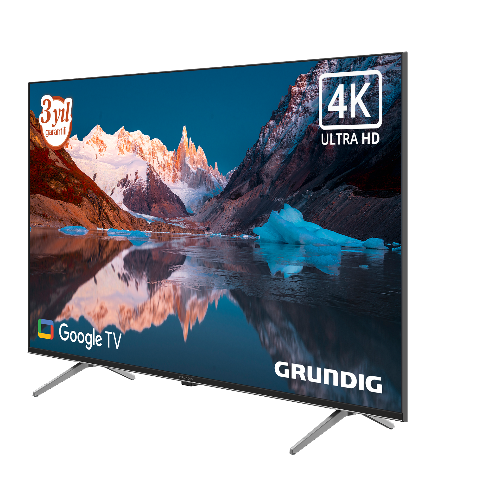 Grundig 4K Ultra HD TV'de dağ ve göl manzarası.