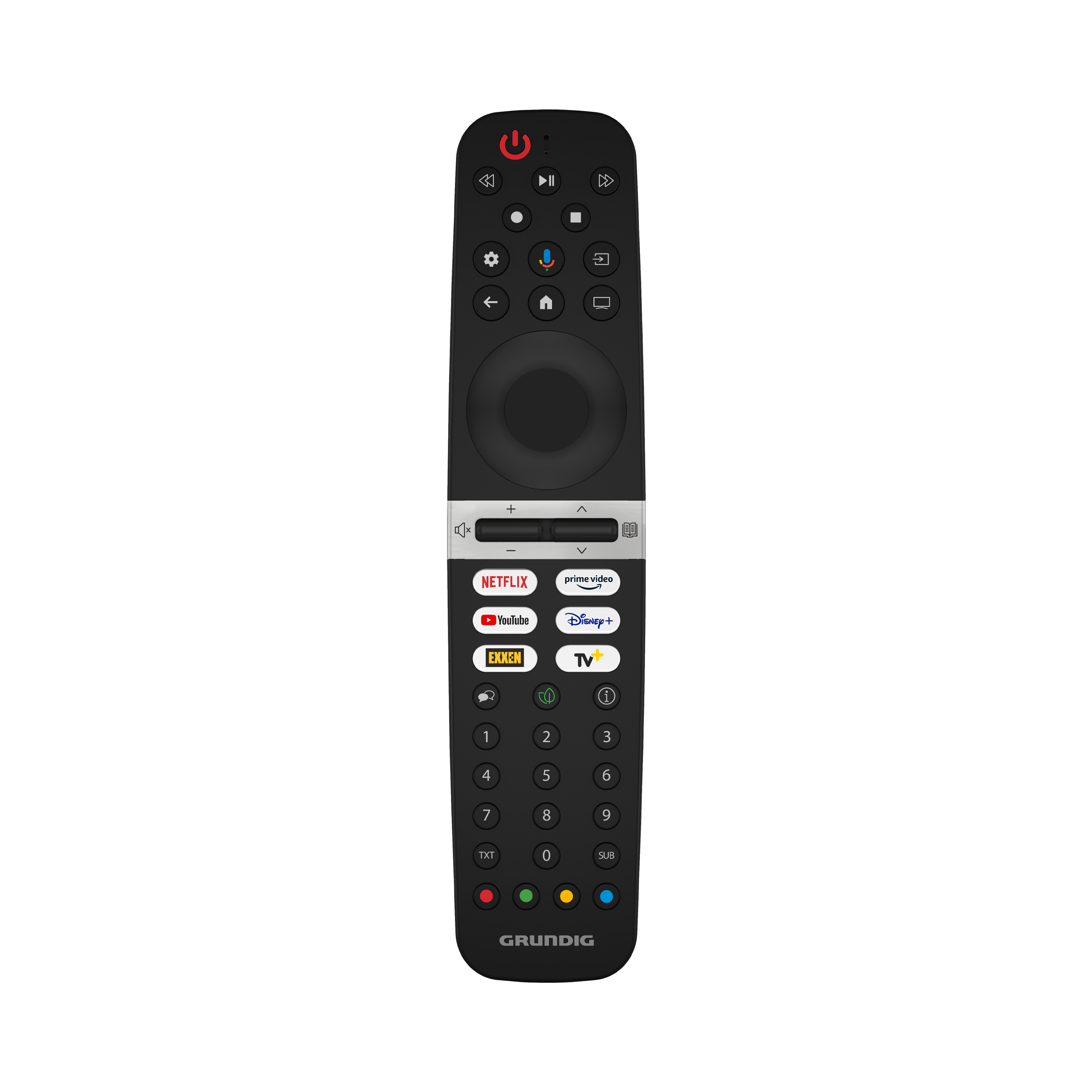 Netflix, YouTube ve Disney+ dahil olmak üzere çeşitli düğmeleri olan siyah uzaktan kumanda.