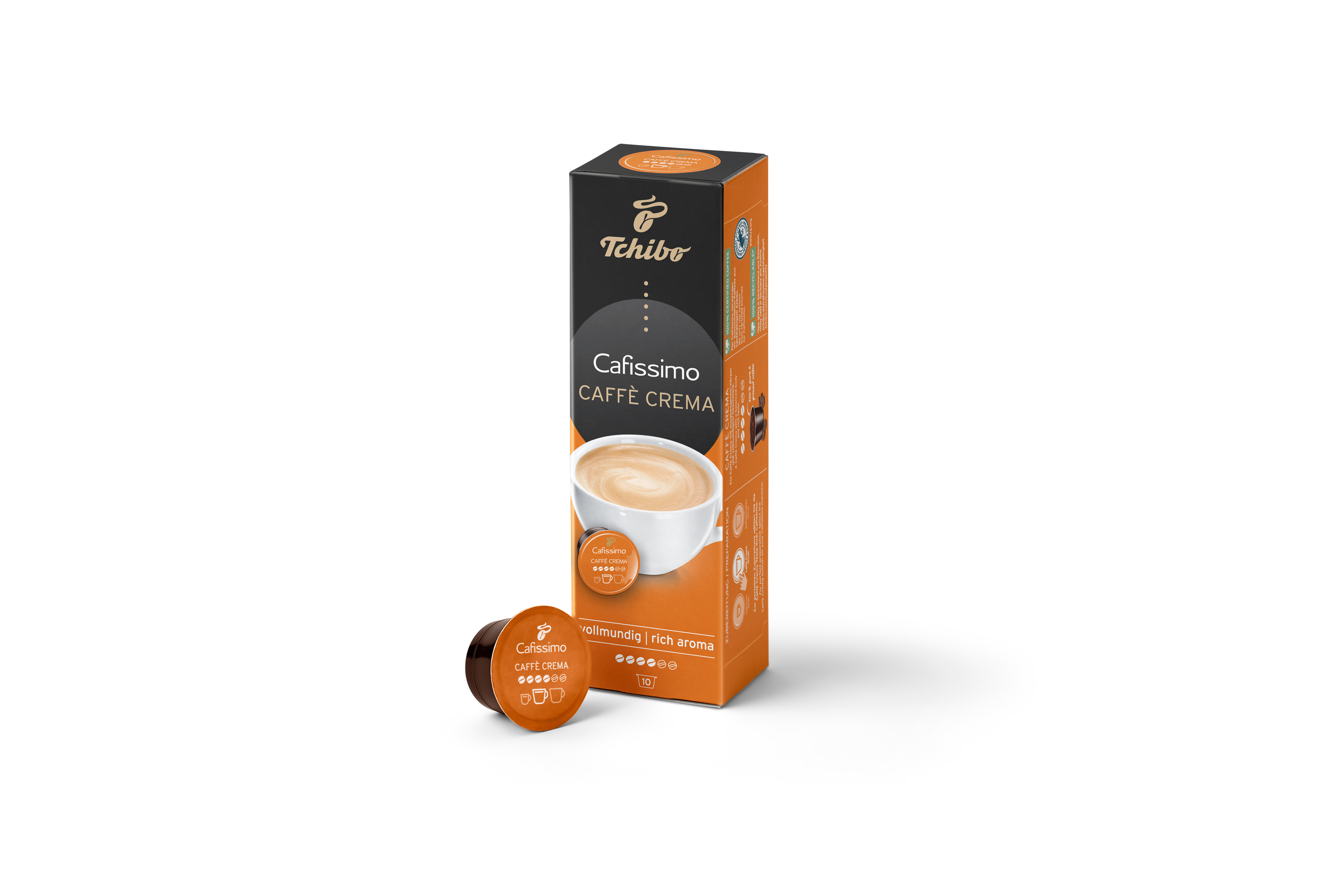 Beyaz arka planda Tchibo Cafissimo Caffe Crema kahve kapsülleri kutusu ve kapsülü.