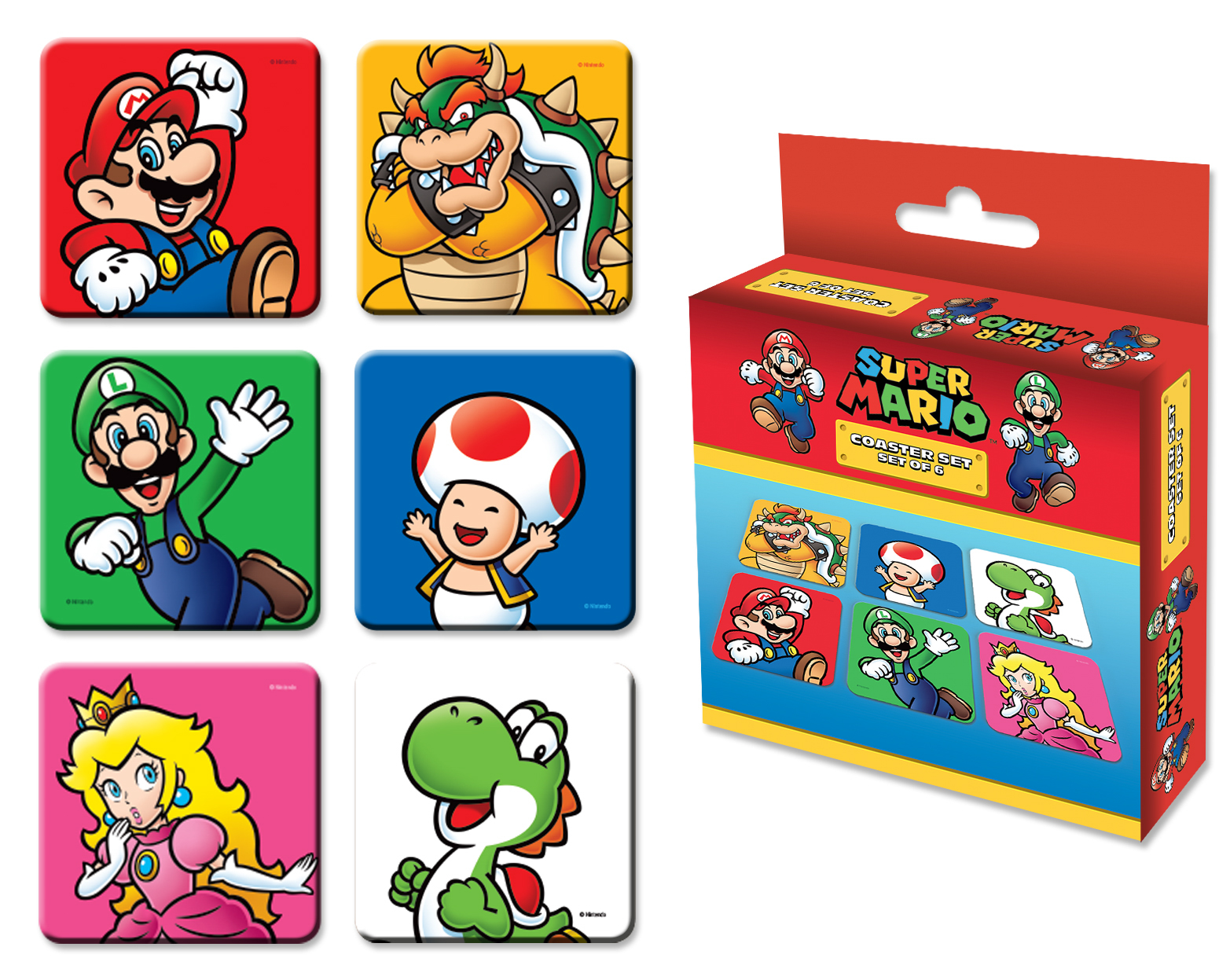 Super Mario Untersetzer-Set mit Charakteren: Mario, Luigi, Bowser, Toad, Yoshi, Peach und eine Box.
