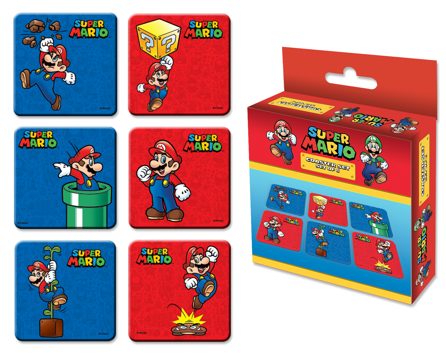 Super Mario Untersetzer-Set-Box. Es hat 6 Untersetzer mit Mario-Charakteren und Logo.