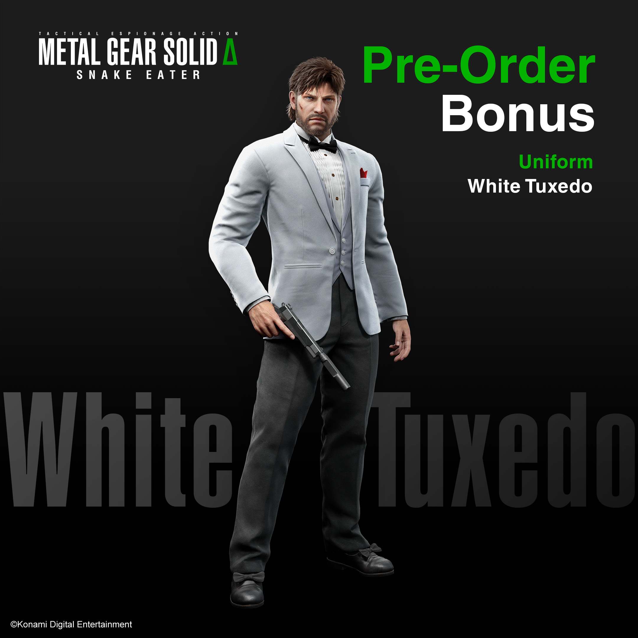 Mężczyzna w białym smokingu trzymający broń, ze słowami 'Pre-Order Bonus' i 'White Tuxedo'.