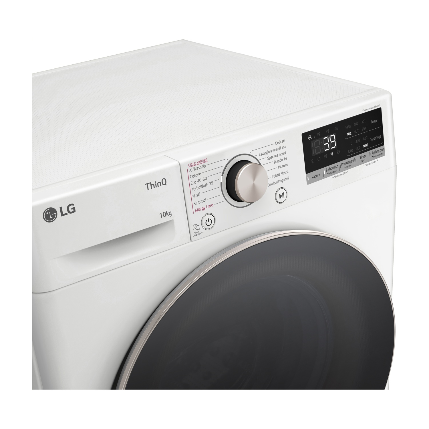 Lavatrice LG bianca con porta nera e pannello comandi.