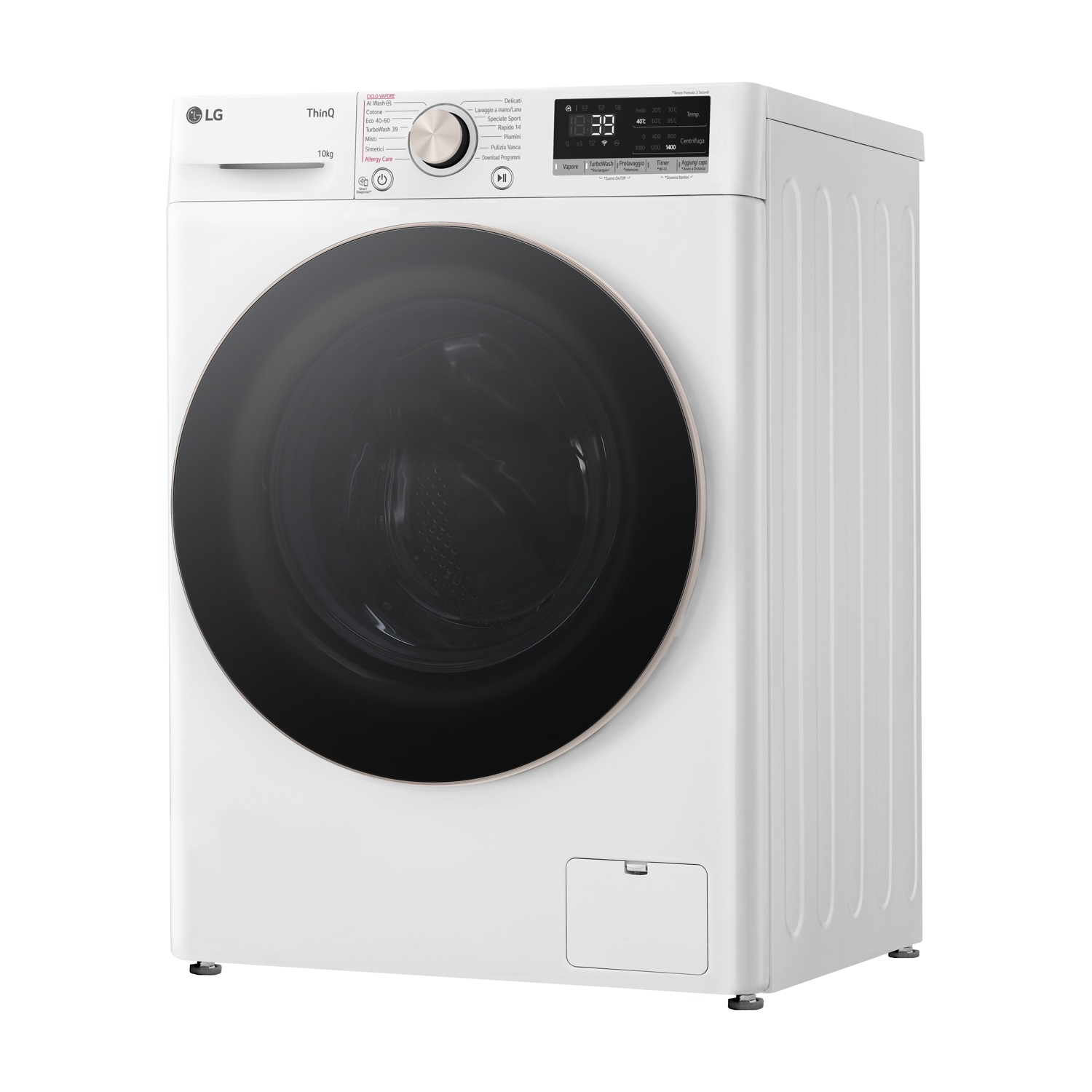 Lavatrice LG bianca. Design a carica frontale. Sfondo bianco.