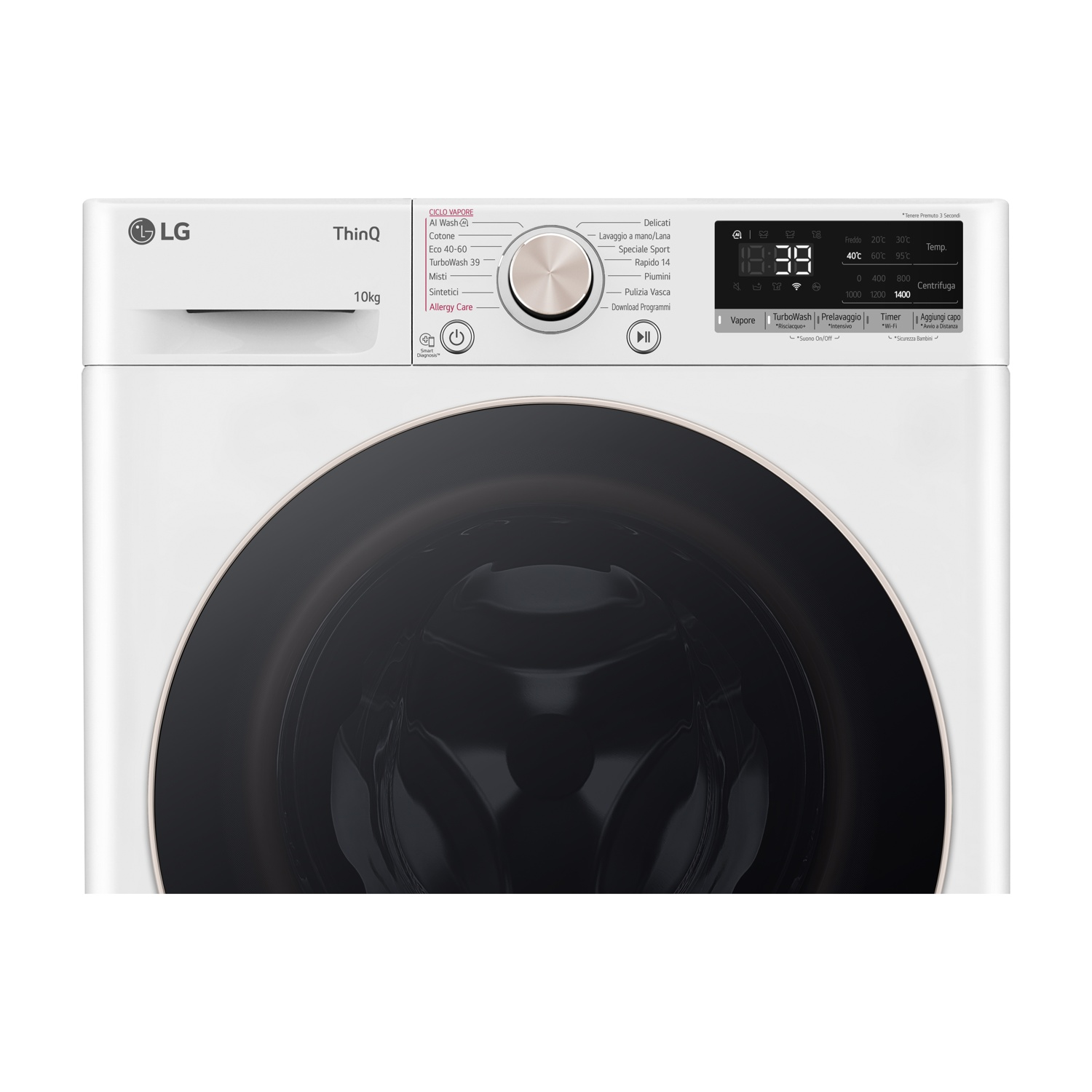 Pannello di controllo lavatrice LG bianco con porta nera.