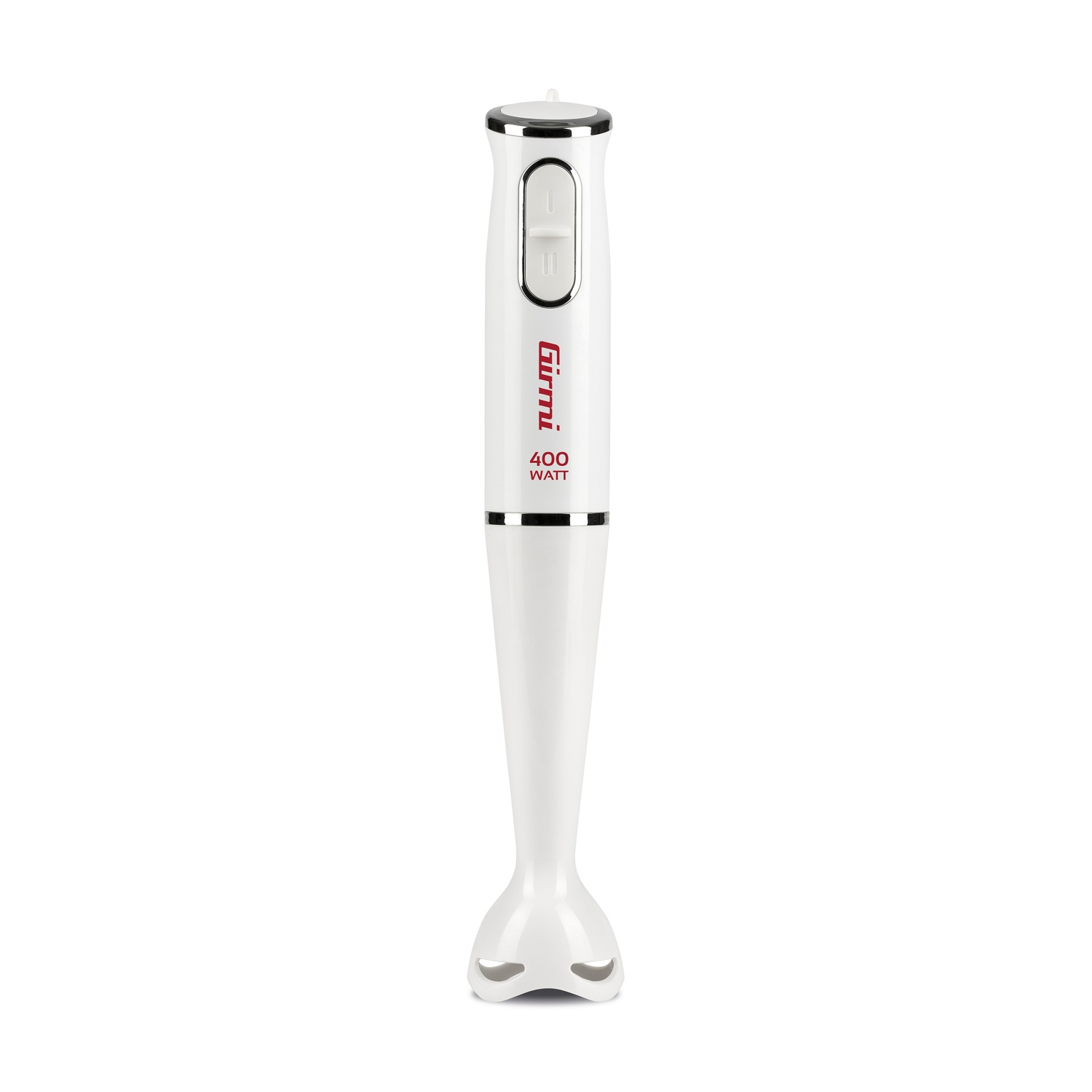 Frullatore a immersione bianco con testo rosso 'Girmi 400 W' e pulsante.
