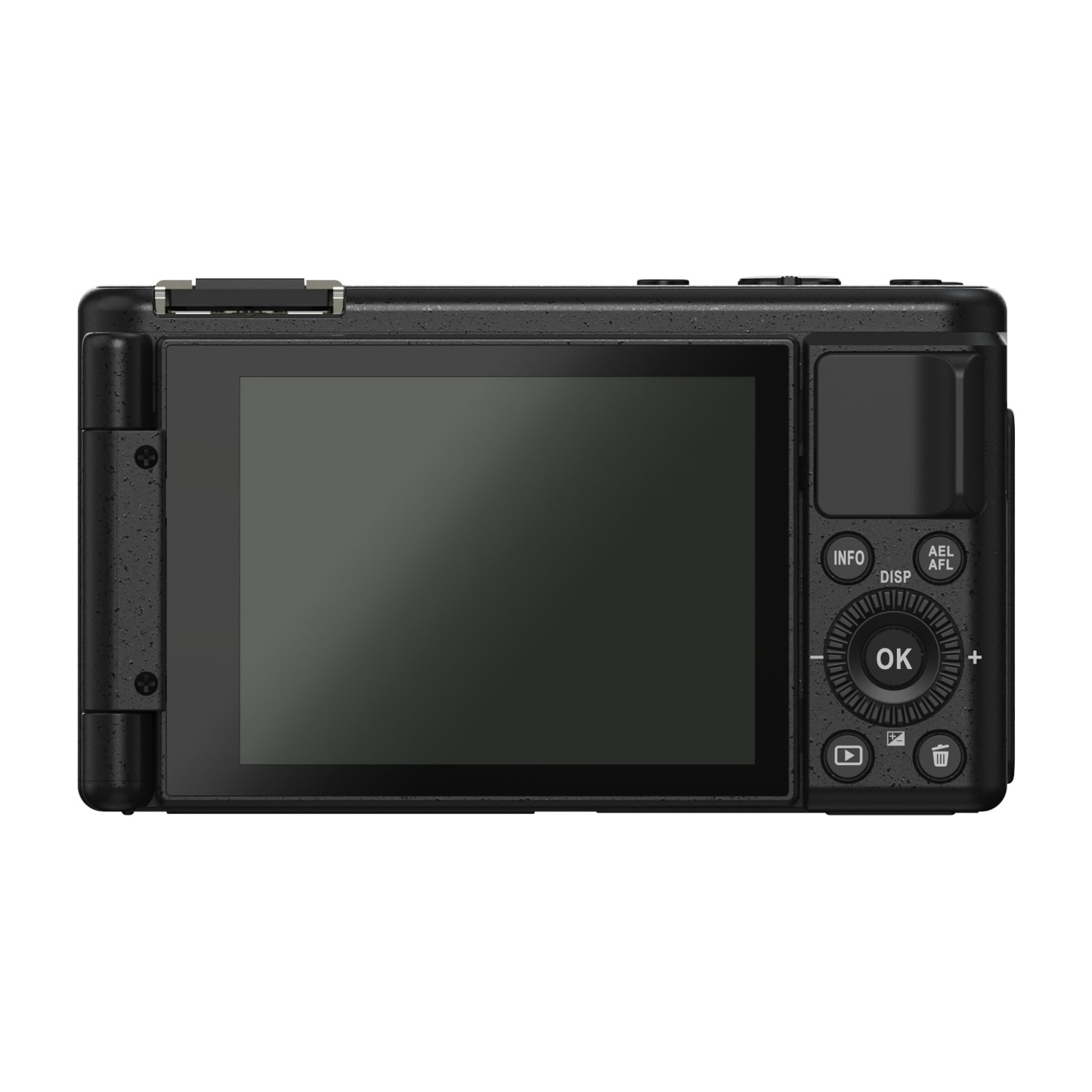 Il retro di una fotocamera nera con schermo, pulsanti e ghiere di controllo.