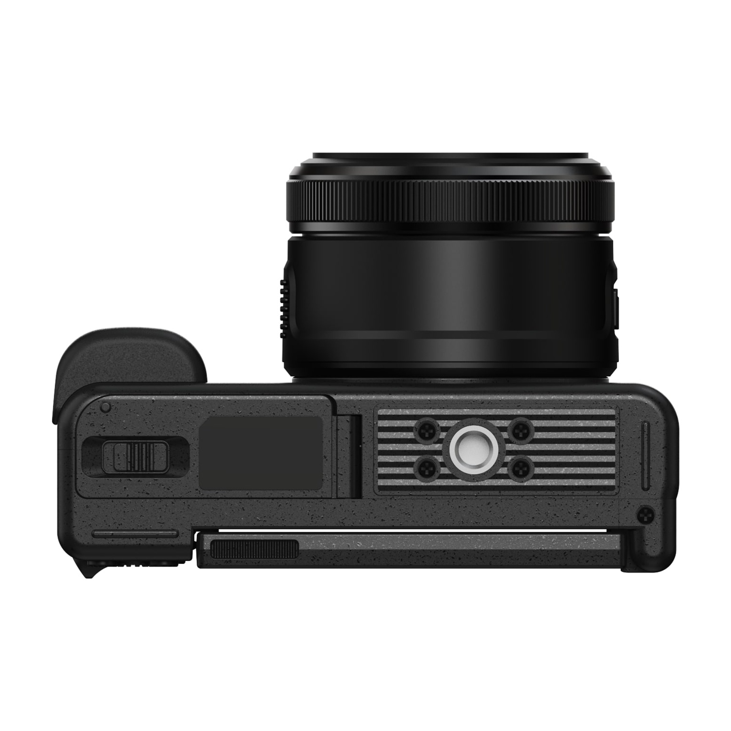 Fotocamera nera con obiettivo collegato. Vista dall'alto, che mostra l'obiettivo e i controlli.