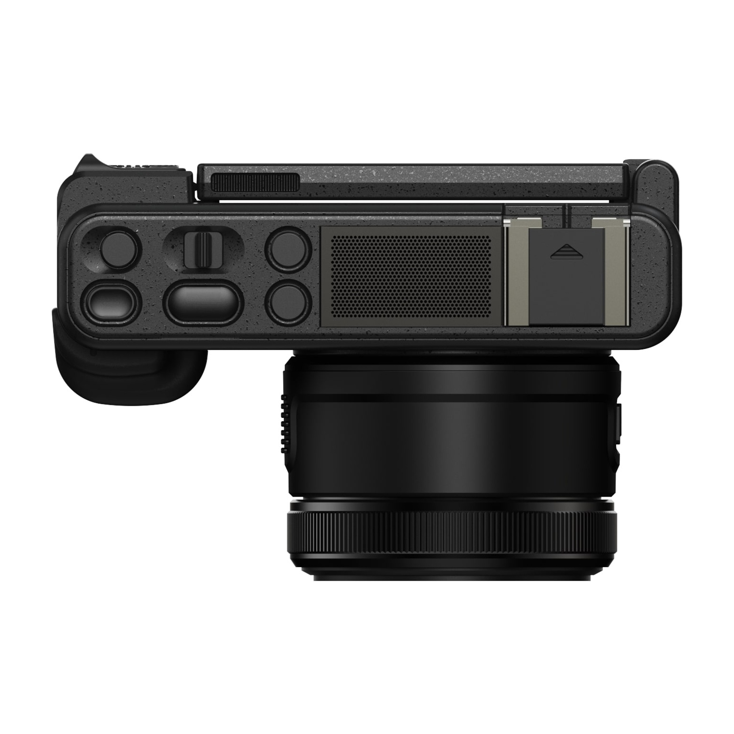 Fotocamera nera, vista dall'alto, con pulsanti, ghiere e obiettivo visibili.