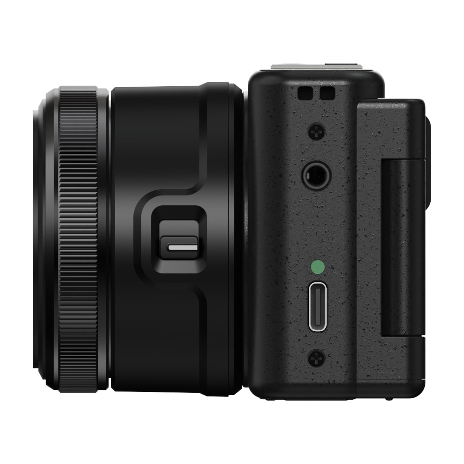 Una fotocamera nera con un obiettivo a sinistra e un profilo laterale che mostra porte e pulsanti.