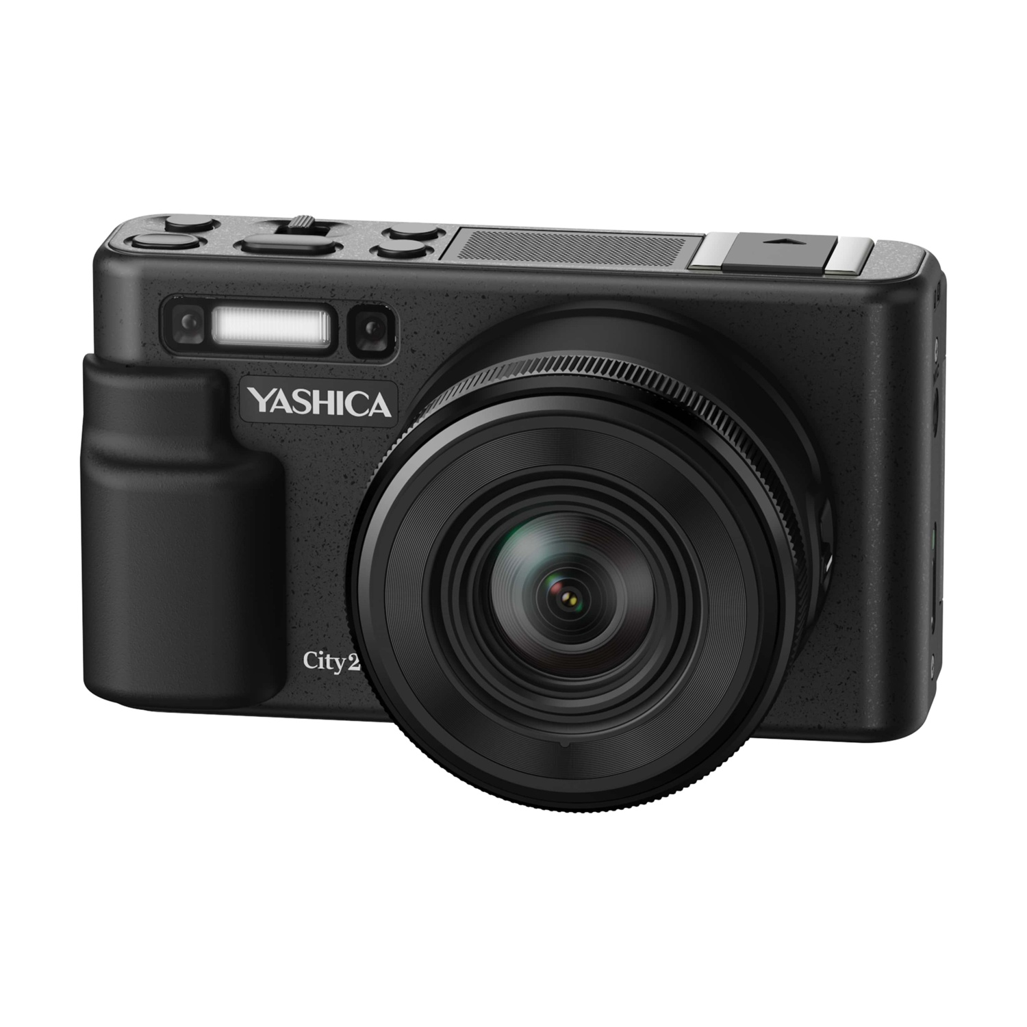 Fotocamera Yashica City 2 nera. Lente, flash, pulsanti. Isolato su sfondo bianco.