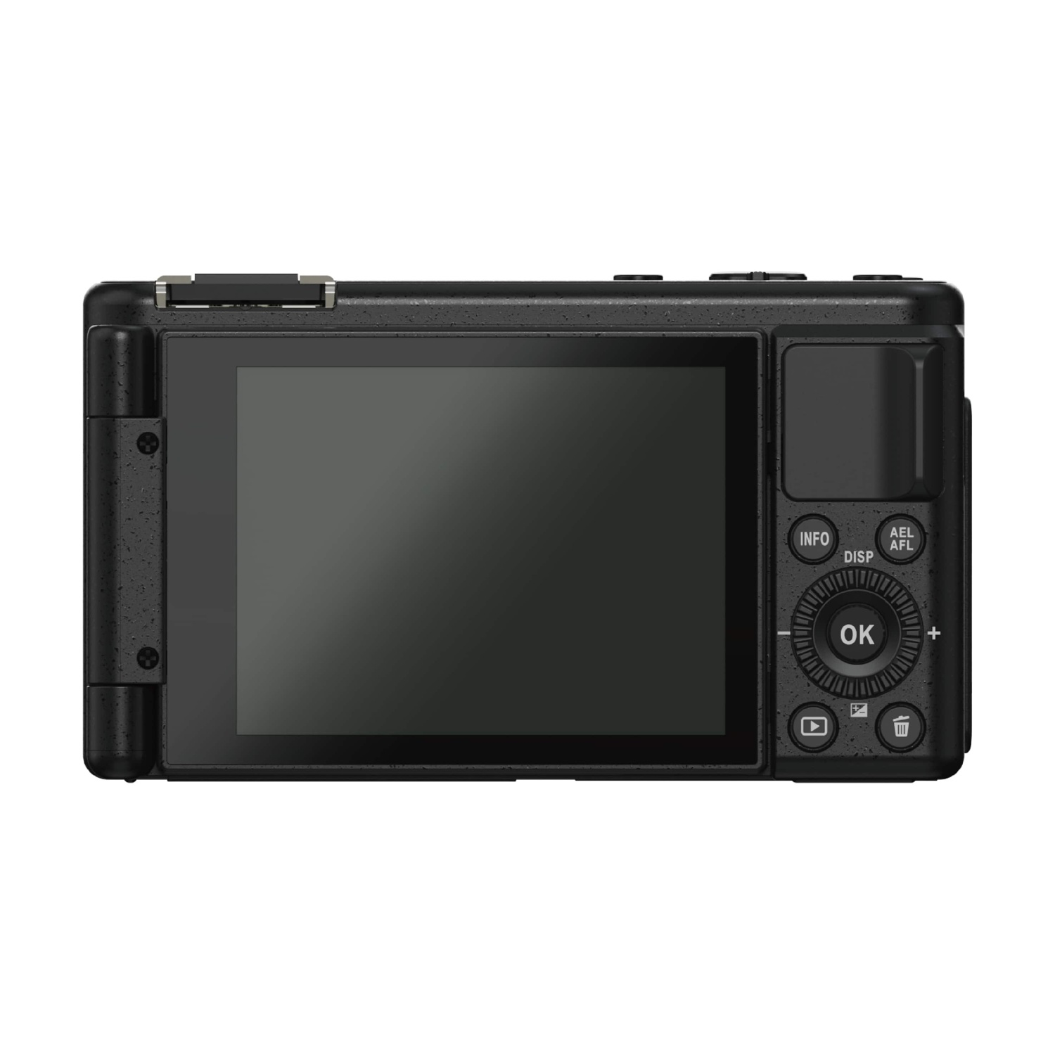 Una fotocamera digitale nera con schermo e pulsanti di controllo sul retro.