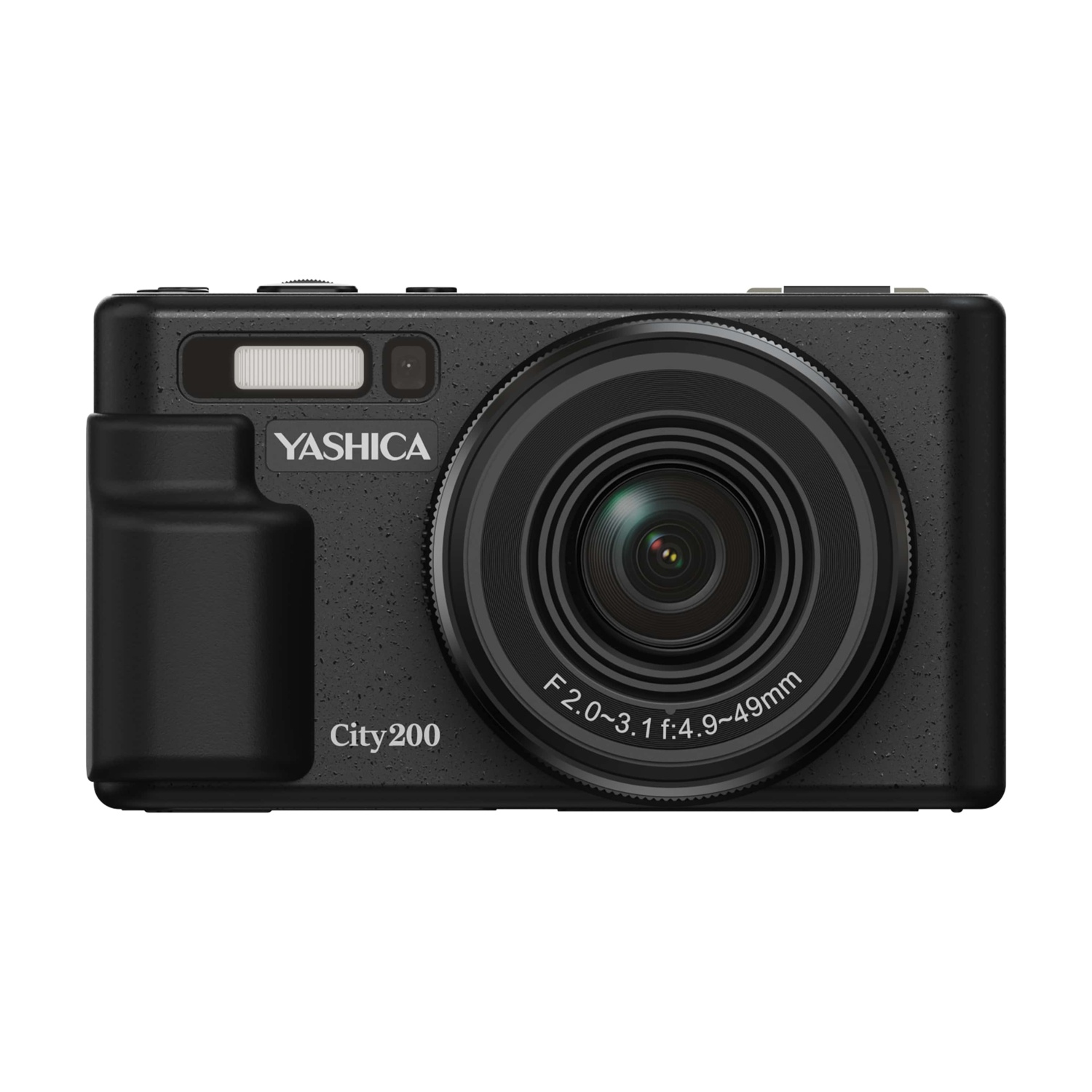 Una fotocamera Yashica City 200 nera. Ha un obiettivo e un flash. Lo sfondo è bianco.
