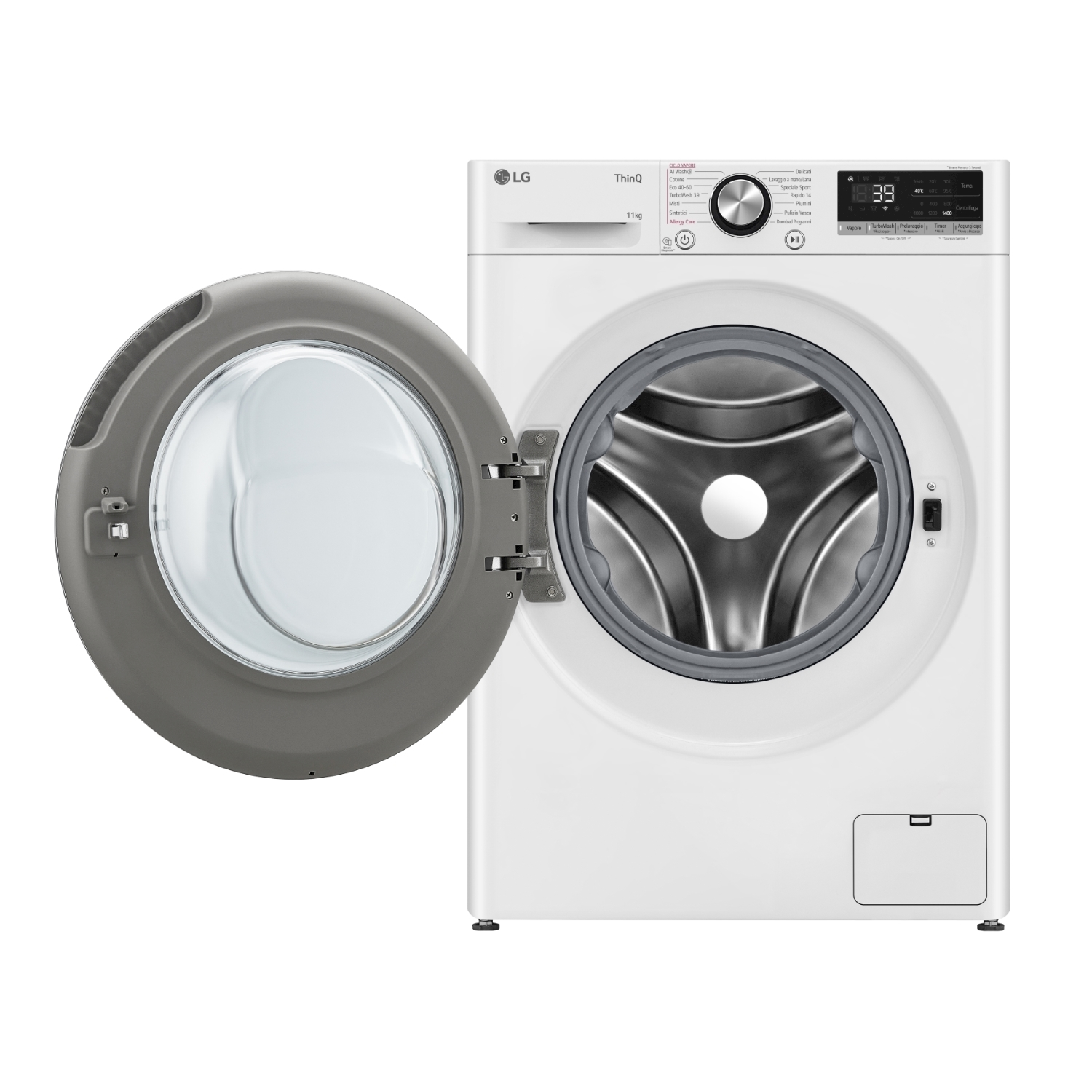 Lavatrice LG bianca con porta aperta, che mostra il cestello. Comandi e display in alto.