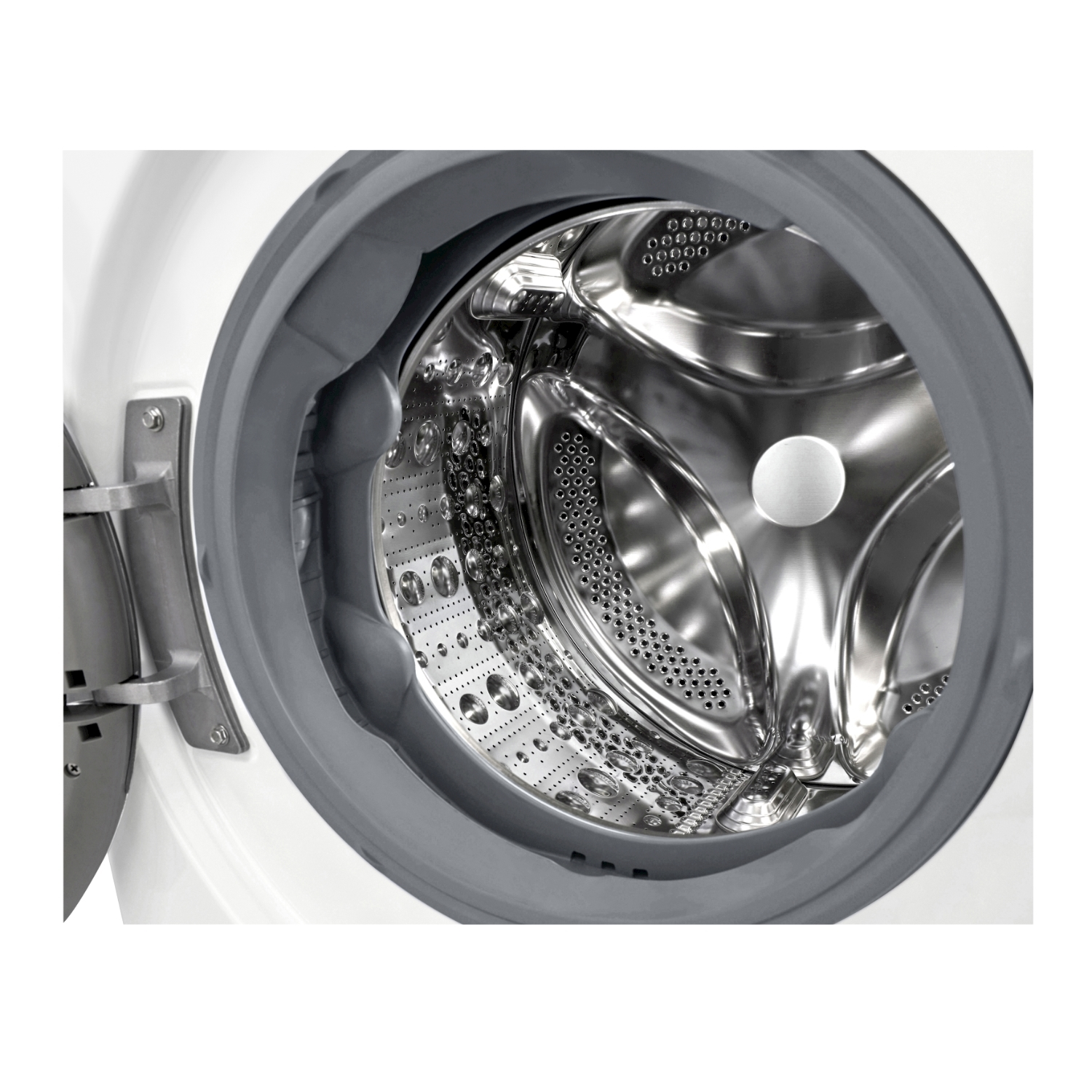 Cesto della lavatrice con porta aperta. Interno in acciaio inox con fori.