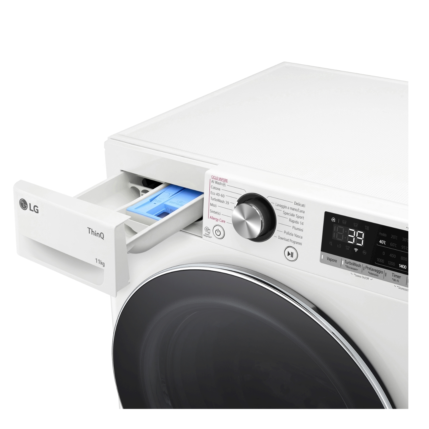 Lavatrice bianca con cassetto detersivo aperto, porta nera e display digitale.