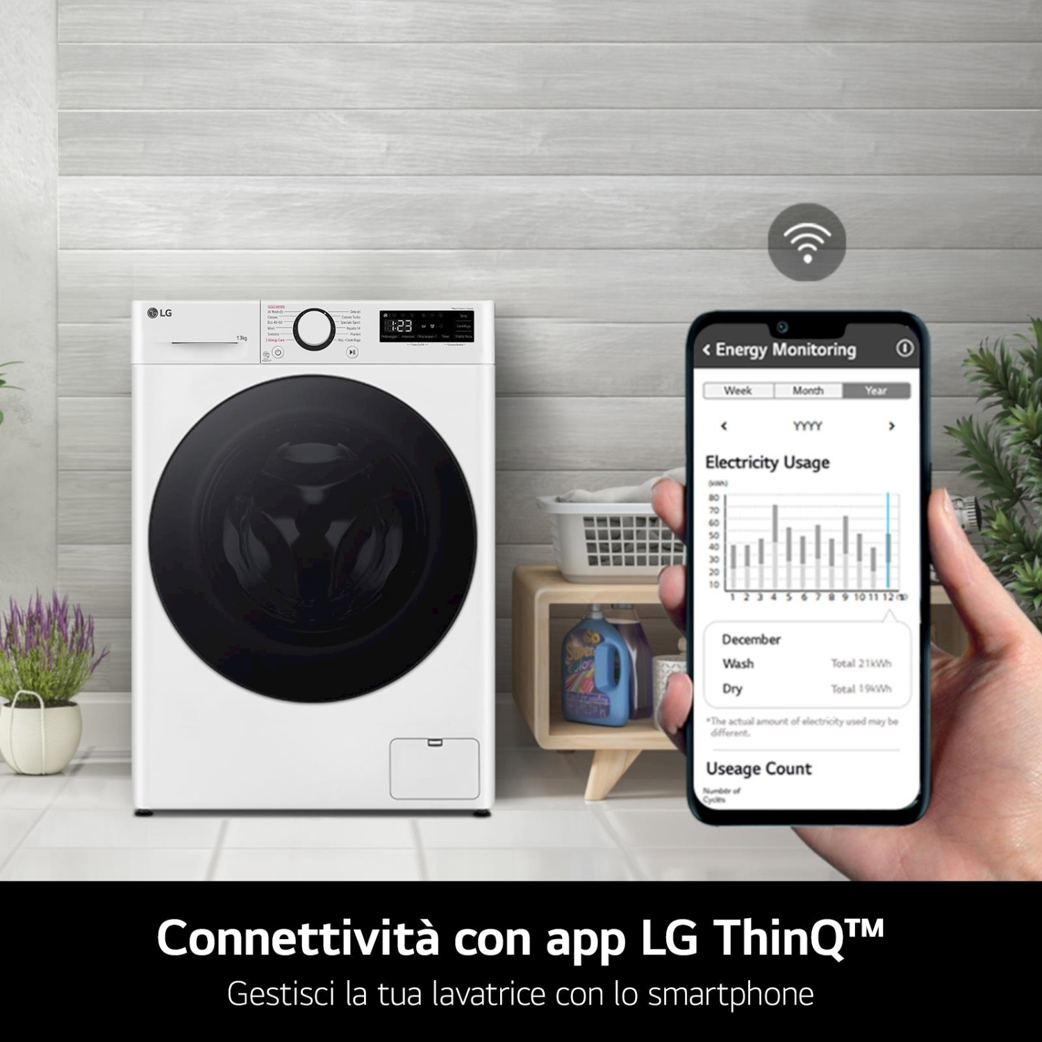 Una lavatrice e uno smartphone che mostrano un'app di monitoraggio energetico, con testo in basso.