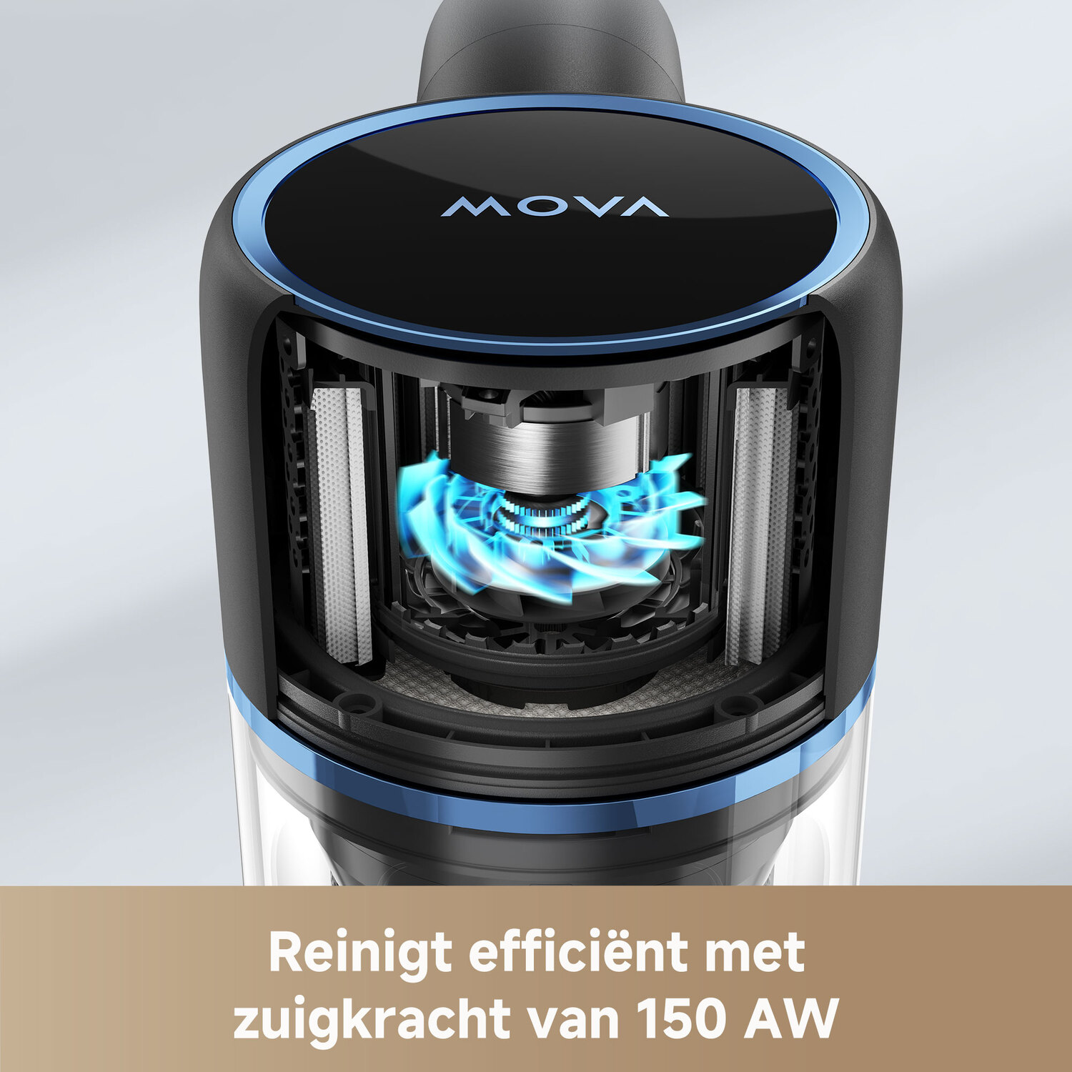 Vacuum cleaner showing internal components with text: Cleans efficiently with 150 AW.