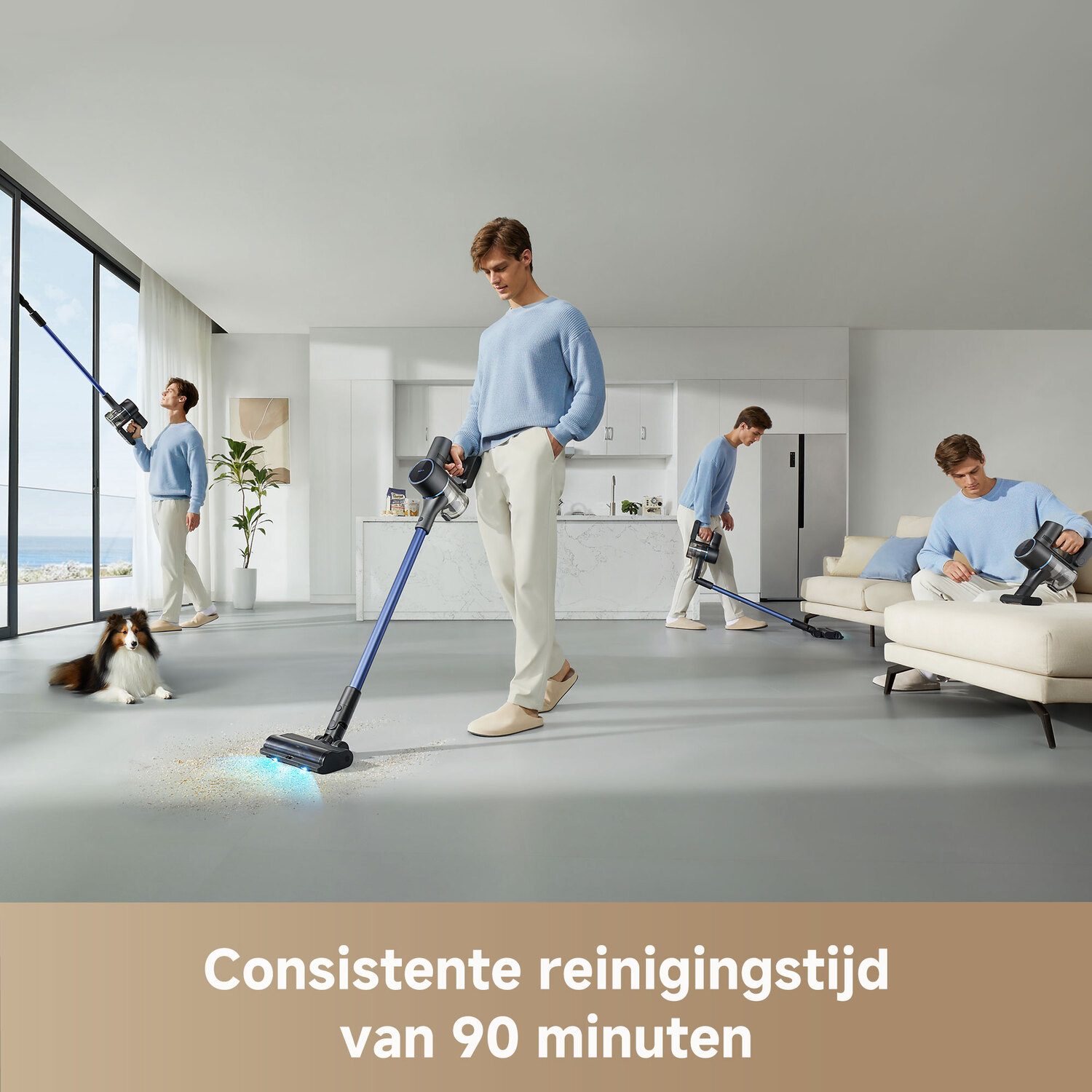 Man vacuums a room with a blue vacuum. A dog and other man in the background.