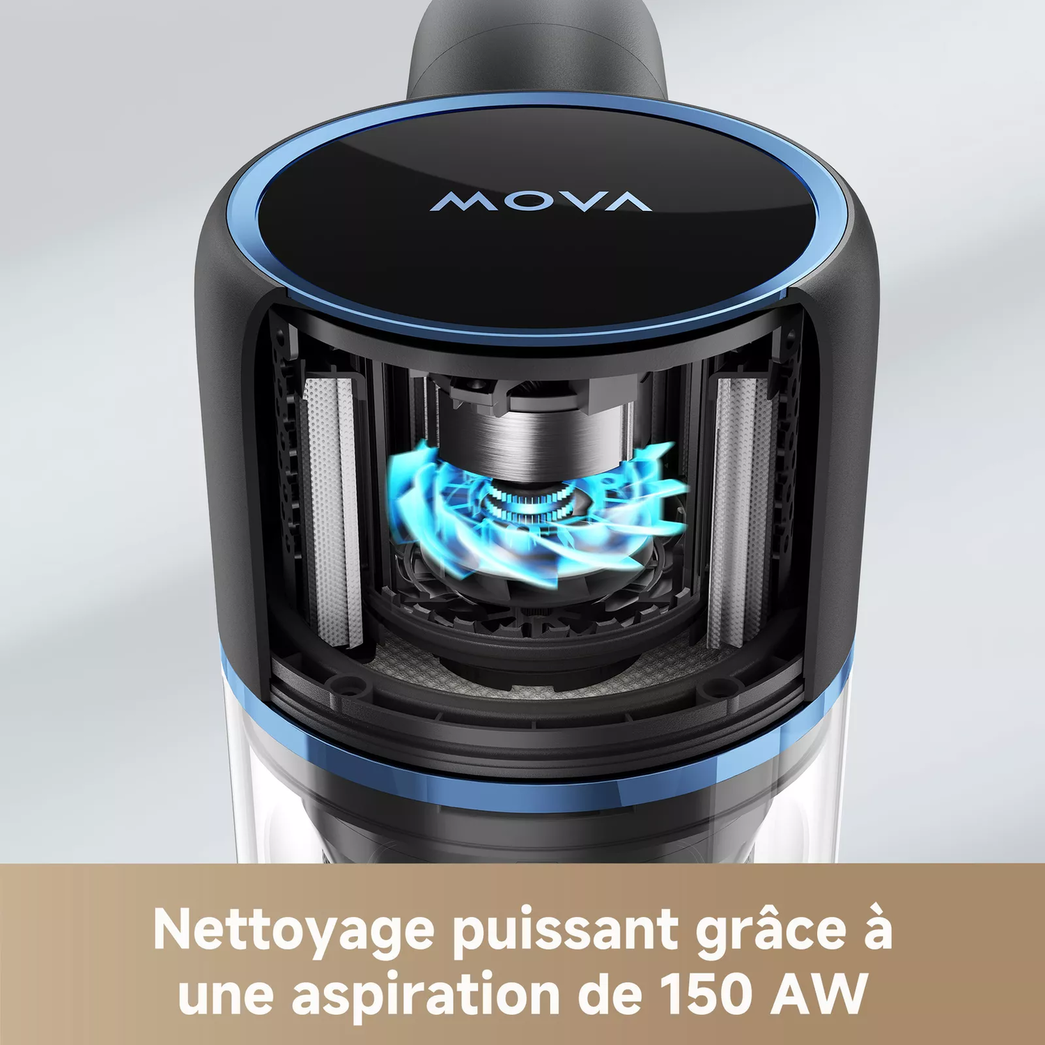 Intérieur d'aspirateur avec ventilateur bleu brillant. La marque est MOVA.