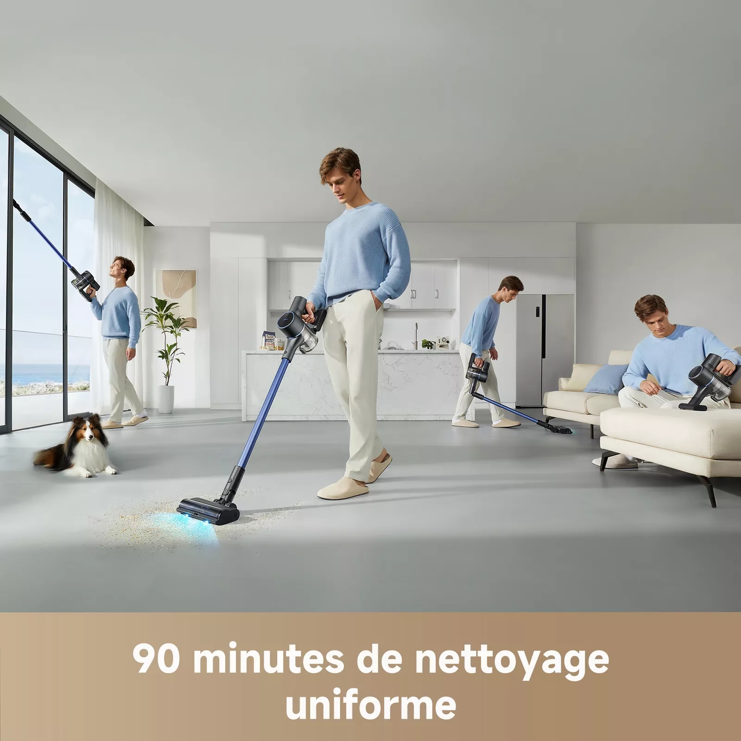 Un homme passe l'aspirateur sur un sol avec un nettoyant bleu. D'autres scènes d'aspiration sont montrées.