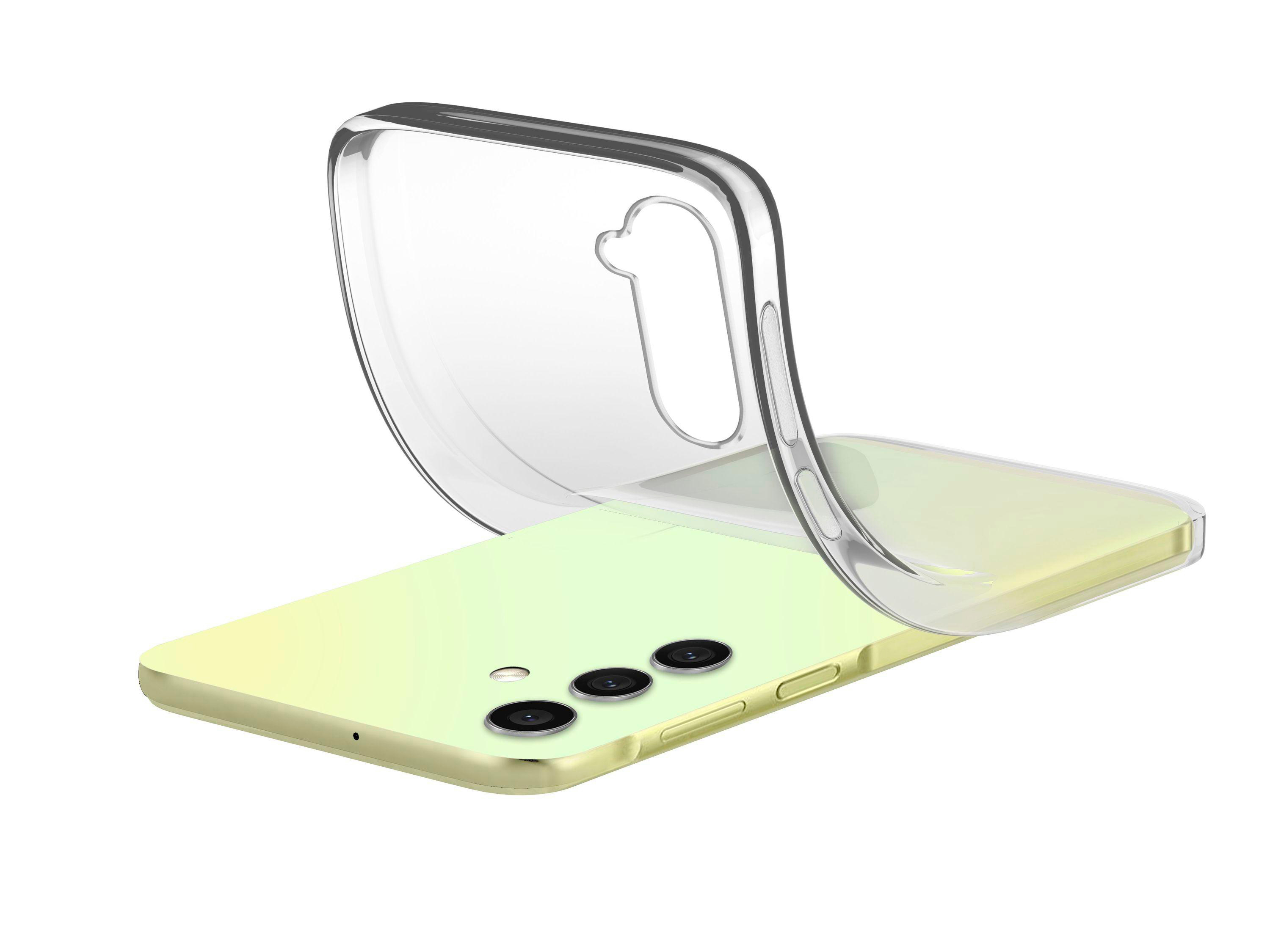 Transparente Handyhülle auf einem gelben Telefon. Die Hülle ist leicht gebogen.