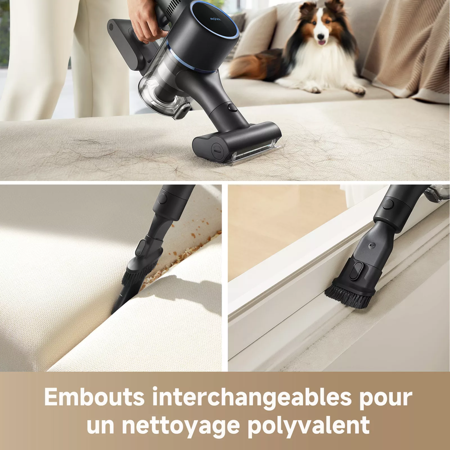 Aspirateur nettoyant un canapé, avec têtes interchangeables pour différents usages.