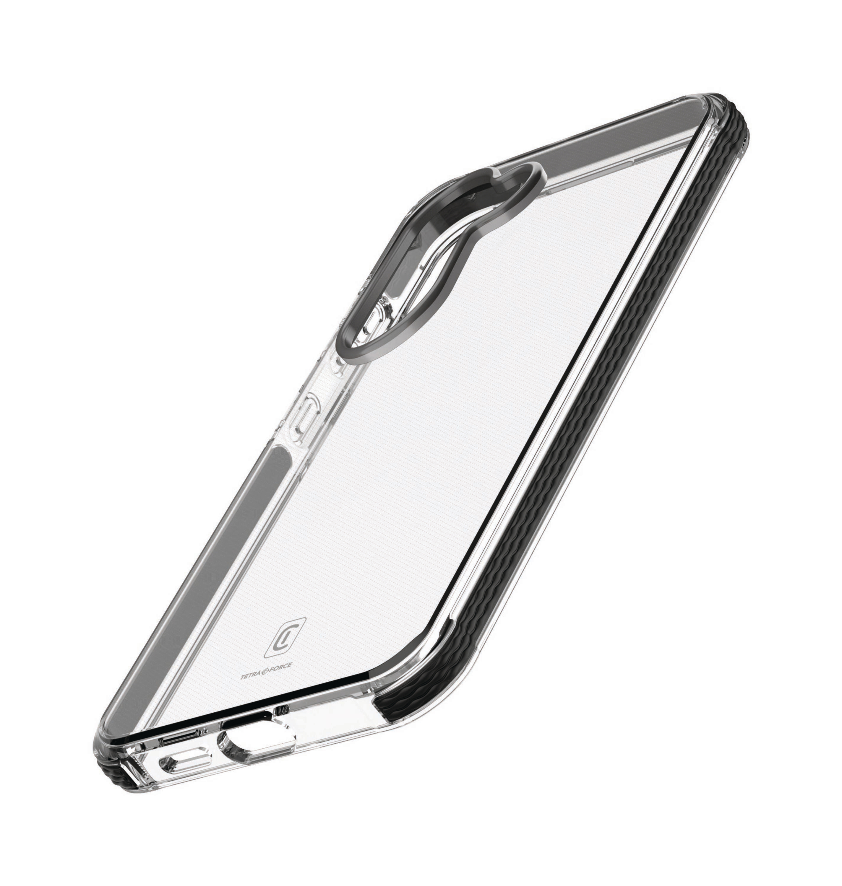 Transparente Handyhülle mit schwarzem Rand. Die Hülle ist transparent und die Rückseite des Telefons ist sichtbar.
