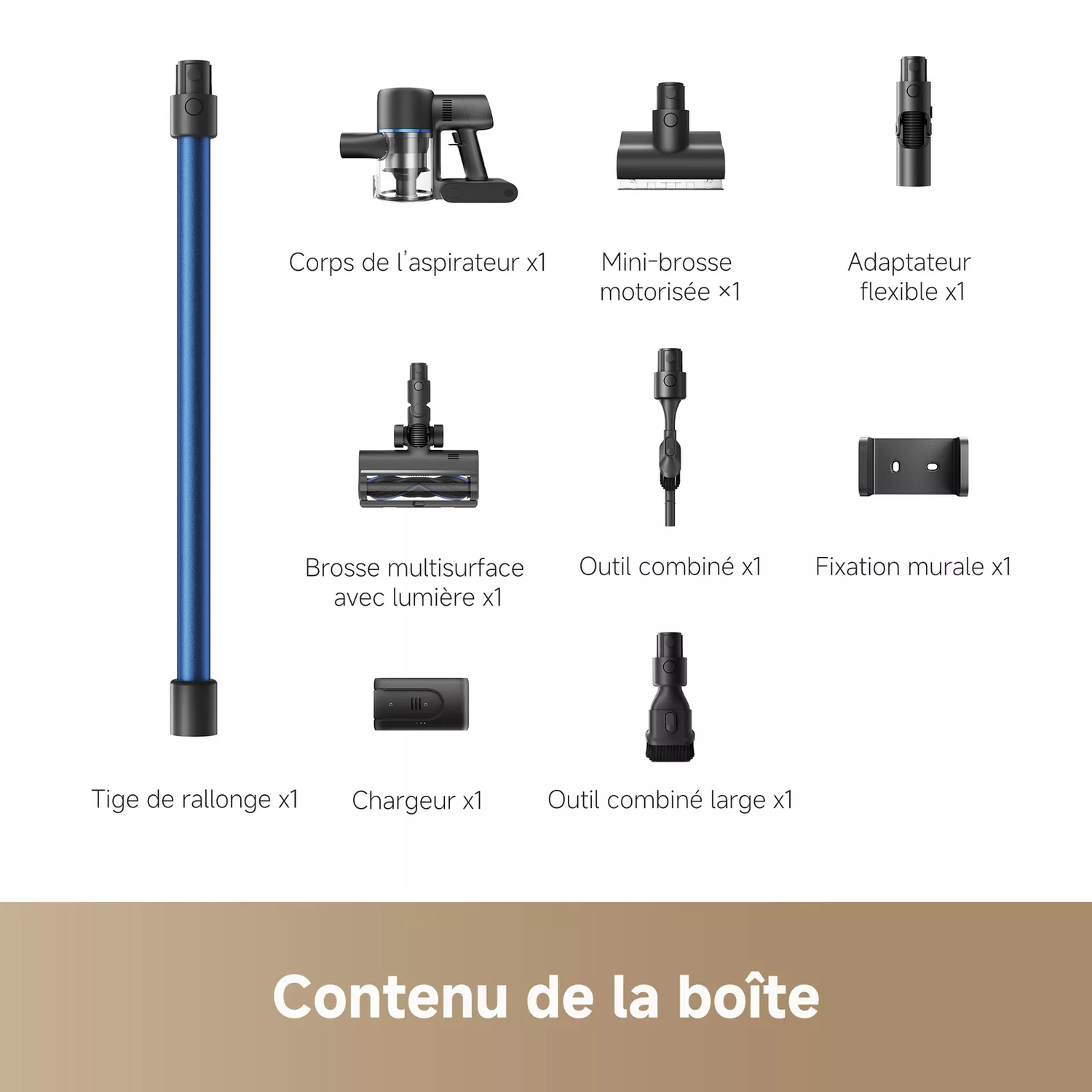 Vue éclatée d'un aspirateur avec des pièces étiquetées en français.