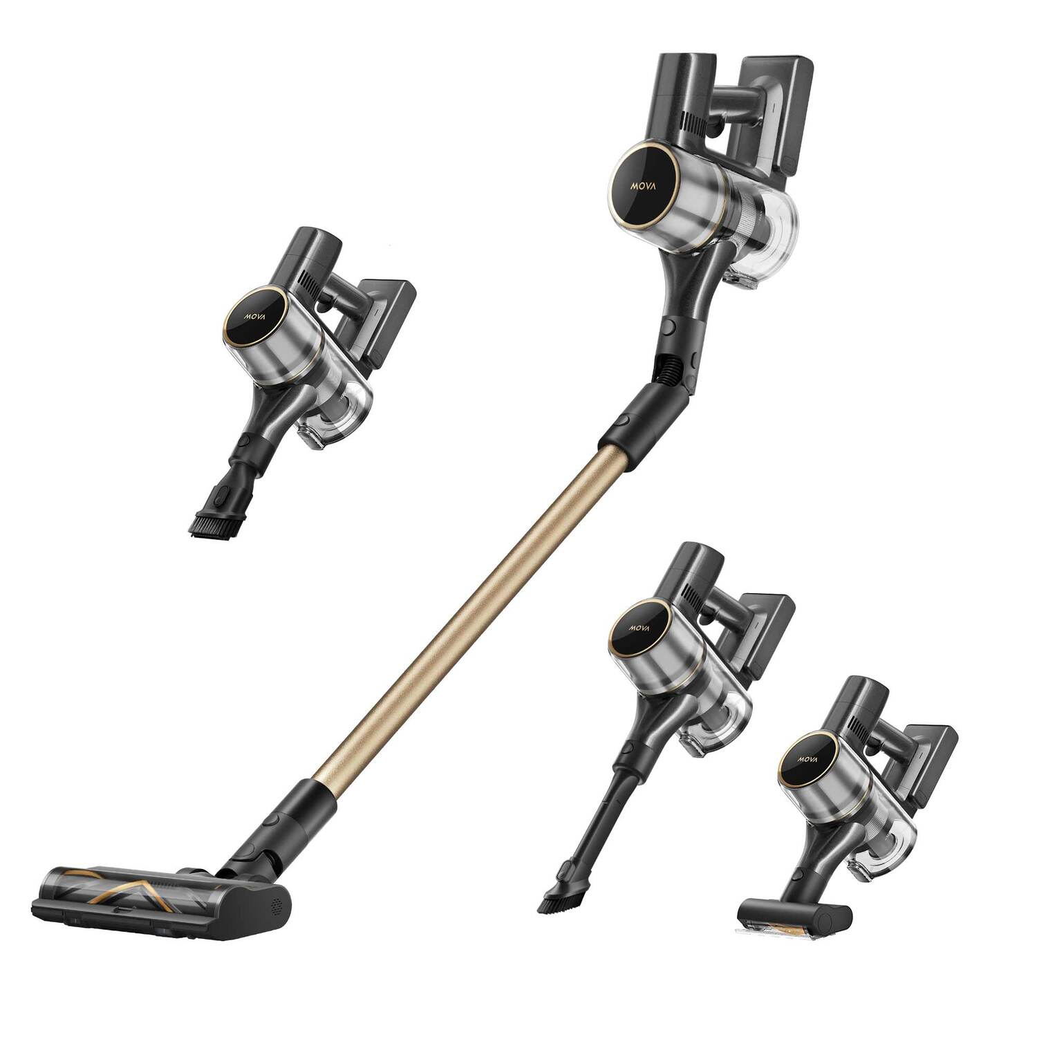 Ensemble d'aspirateur sans fil. Inclut l'unité principale, les pièces détachables et différents embouts.