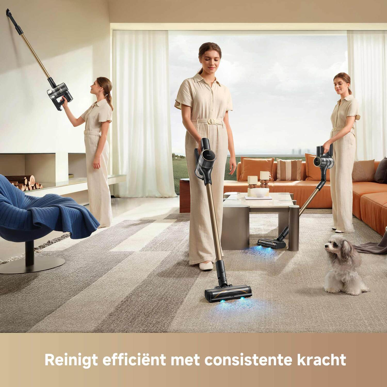 Three women vacuuming a home. One vacuums the wall, other the floor. A dog sits on the floor.