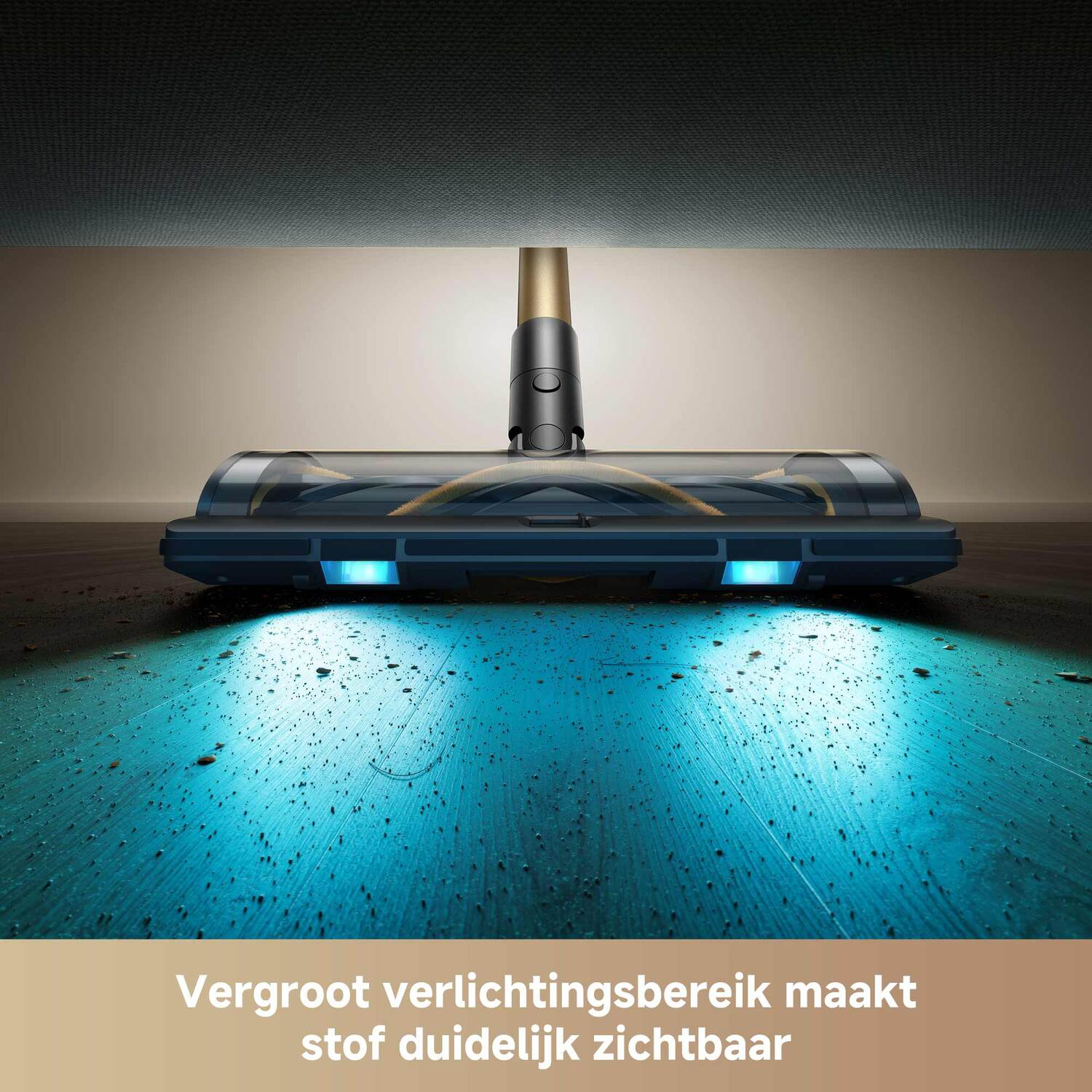 A vacuum cleaner with blue lights cleans a wooden floor with visible dirt particles.