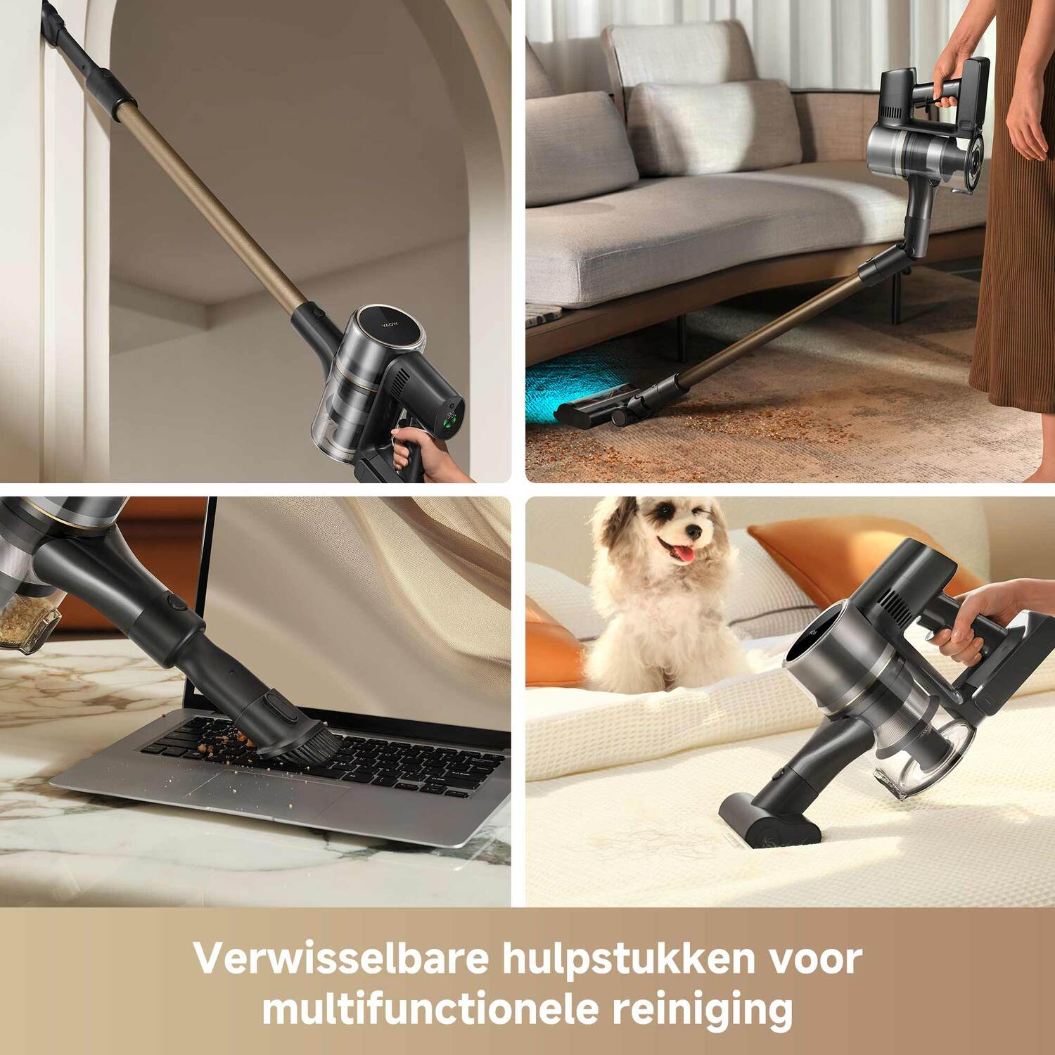 Multiple images of a vacuum cleaner in use.