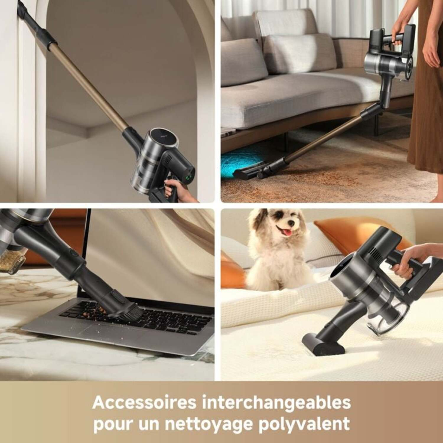 Plusieurs images montrant un aspirateur et des accessoires interchangeables.