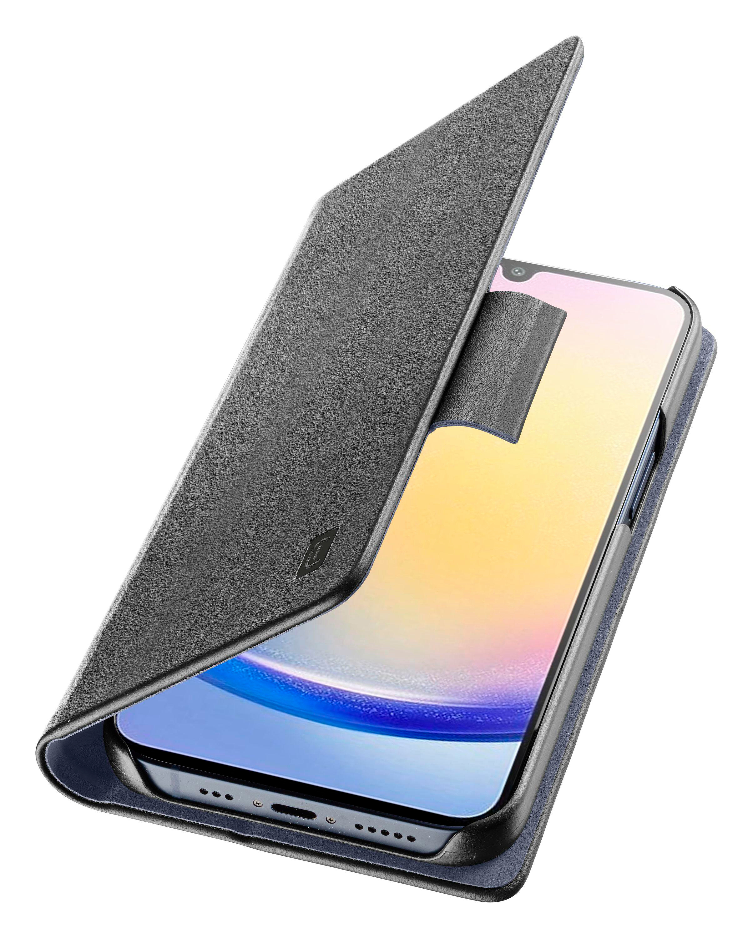Telefonhülle. Geöffnet, Telefon zeigend. Schwarzer lederähnlicher Bezug, blaues Innere. Bildschirm sichtbar.