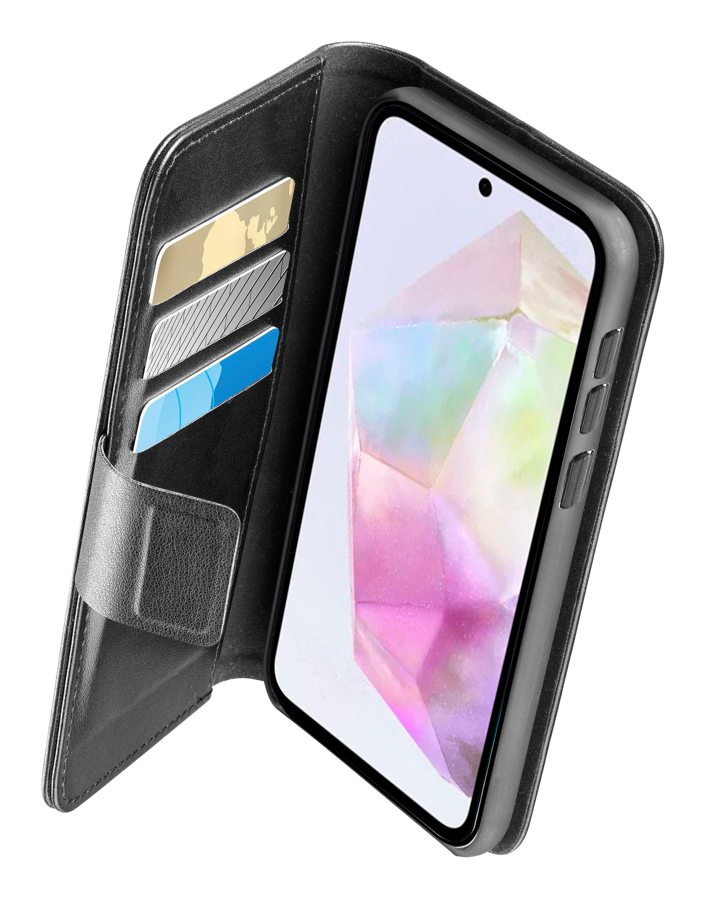 Schwarze Handyhülle mit einem Telefon und Karten im Inneren. Der Telefonbildschirm zeigt ein farbenfrohes Bild.