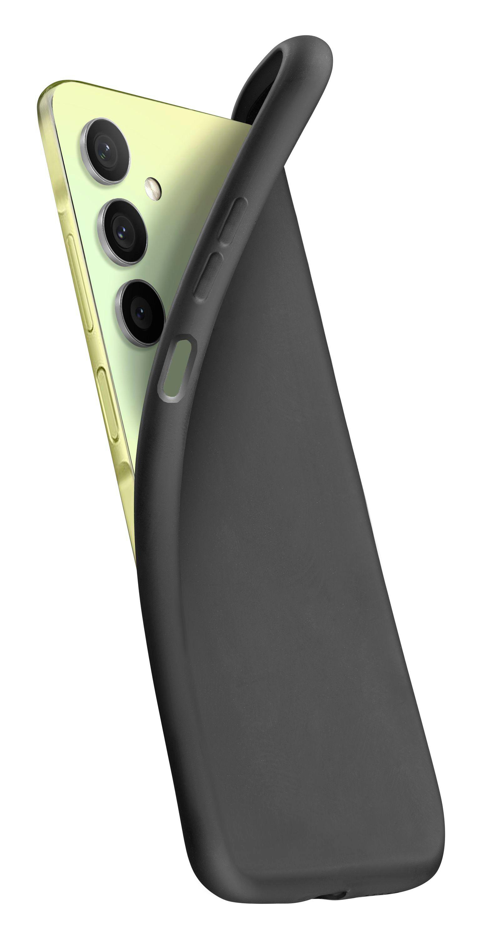 Eine schwarze Handyhülle wird abgezogen und gibt ein gelbes Handy mit Kameras frei.