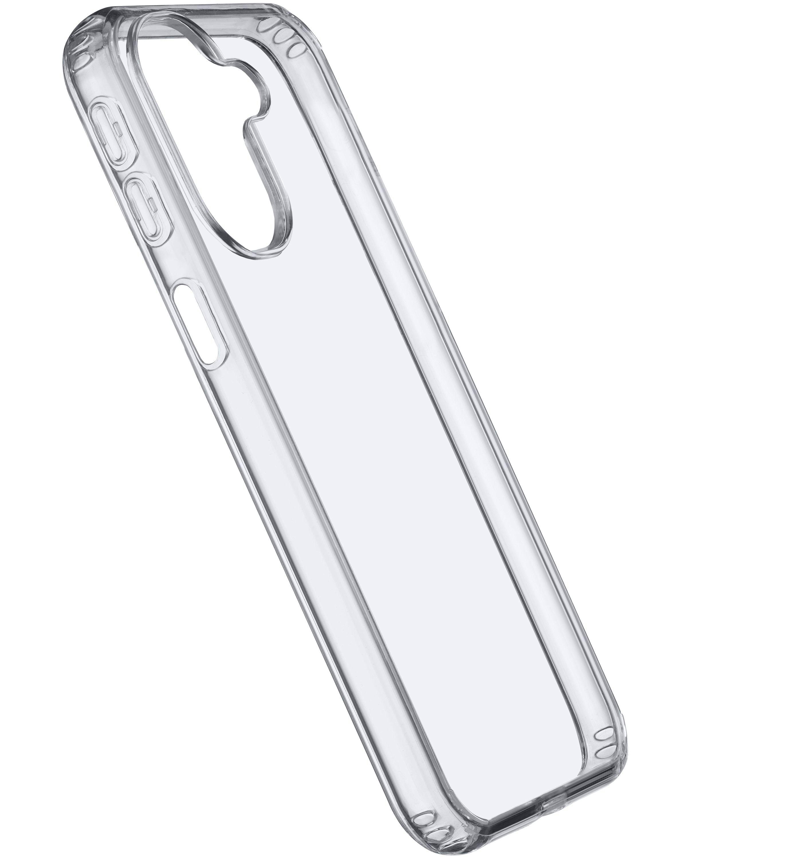 Transparente Handyhülle, abgewinkelt, zeigt ein schlankes, klares Kunststoffdesign.