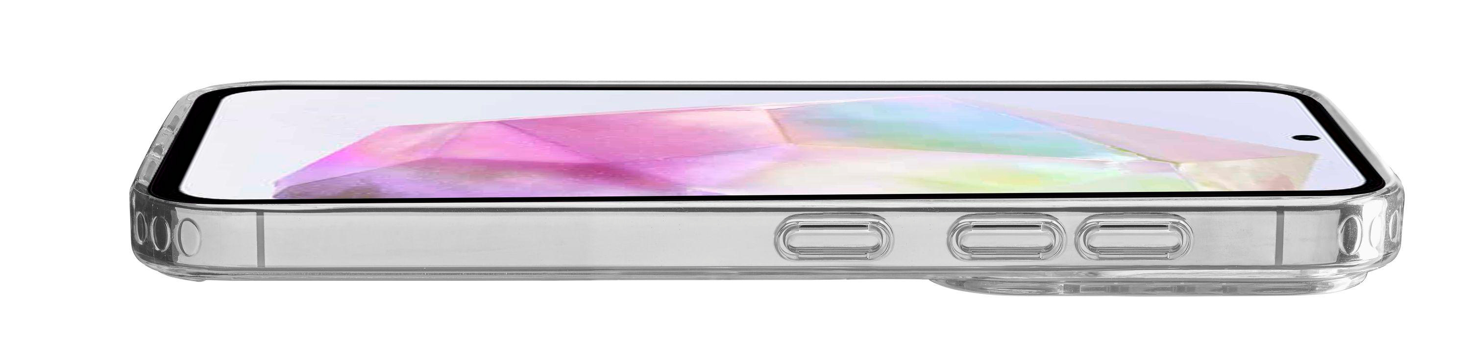 Eine transparente Handyhülle auf einem Telefon, die die Seite mit Knöpfen und einem Bildschirm zeigt.