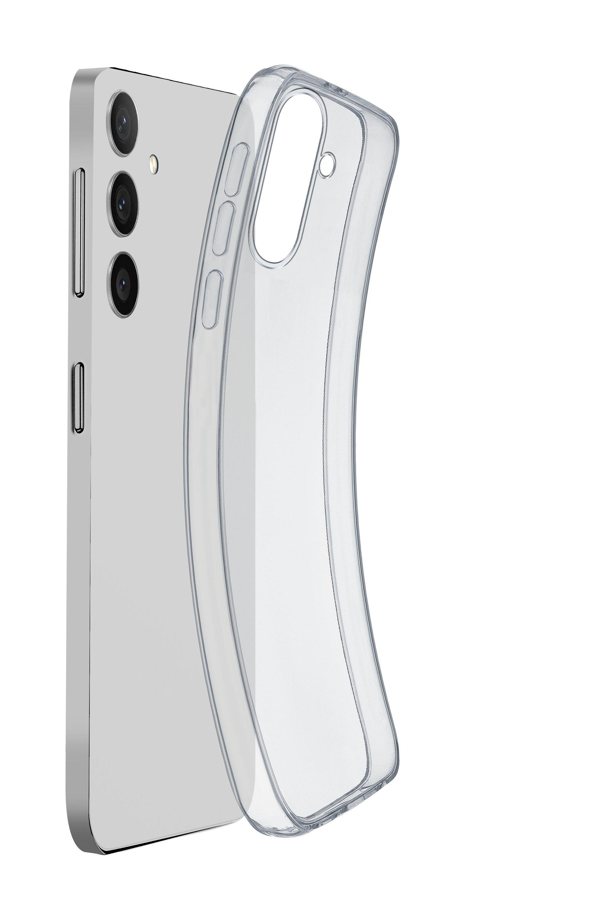 Ein Telefon mit drei Kameras und einer transparenten Hülle daneben. Das Telefon ist hellgrau.