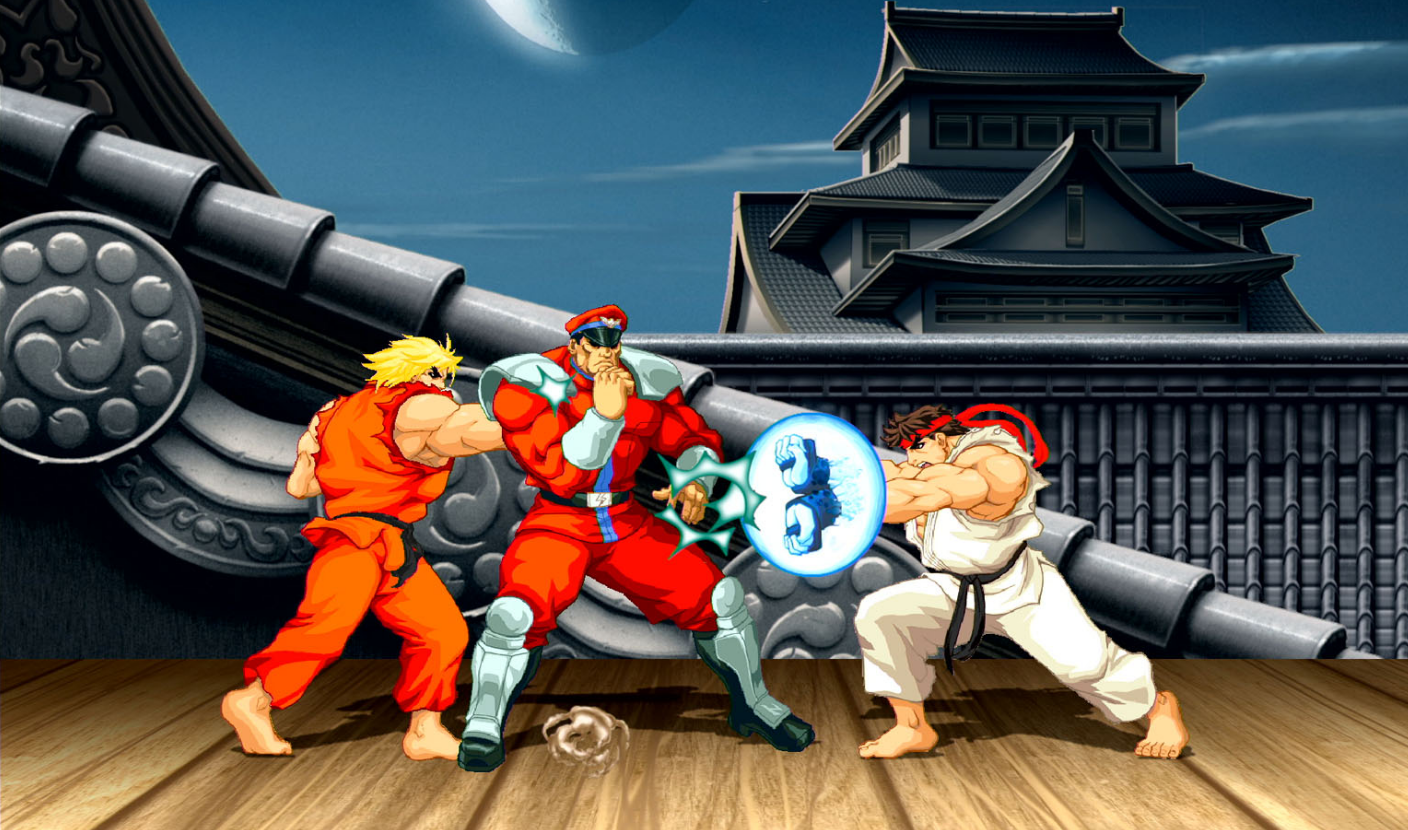 Street Fighter II-Szene: Drei Charaktere kämpfen.