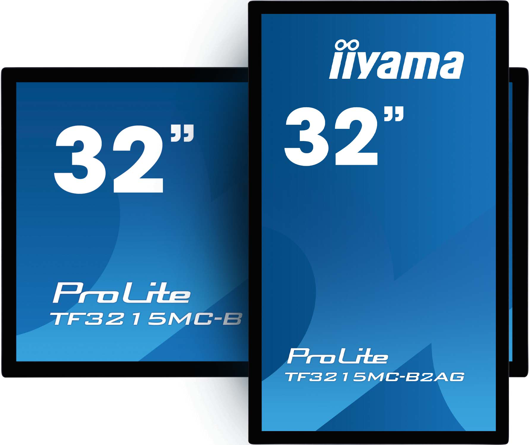 Zwei 32-Zoll-ProLite-Monitore auf blauem Hintergrund, iiyama-Logo auf einem.