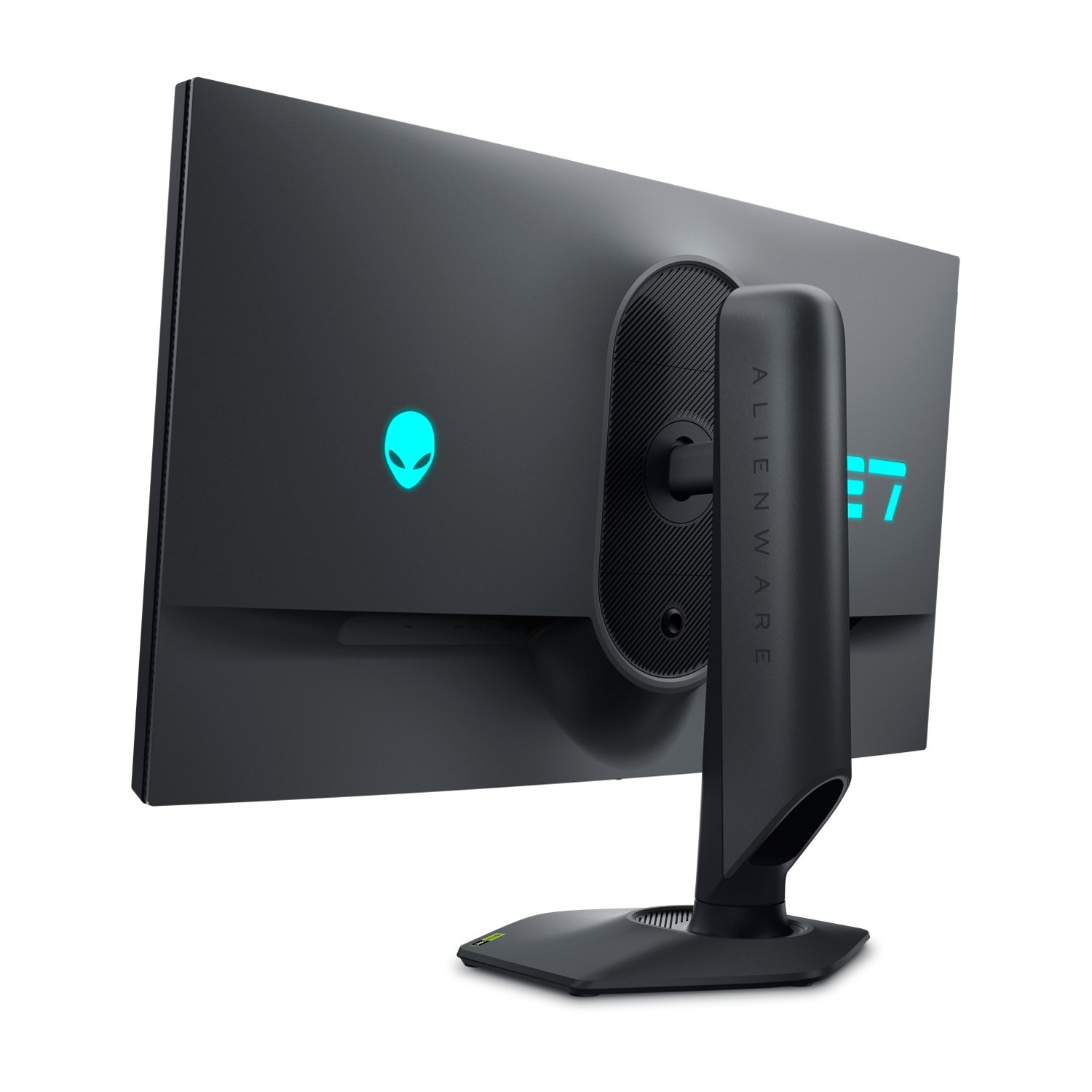 Monitor del computer nero, vista posteriore. Logo Alienware in blu, con supporto. Il monitor è angolato.