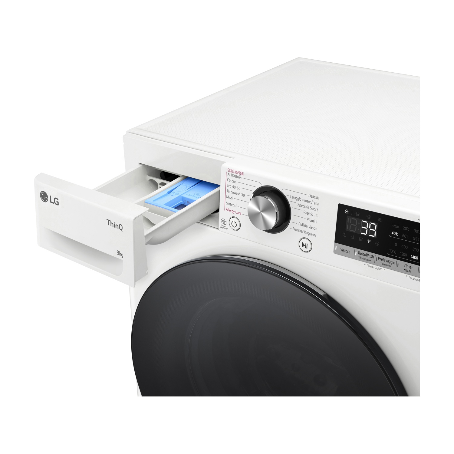 Lavatrice bianca con cassetto detersivo aperto. Porta nera, pannello comandi e display.